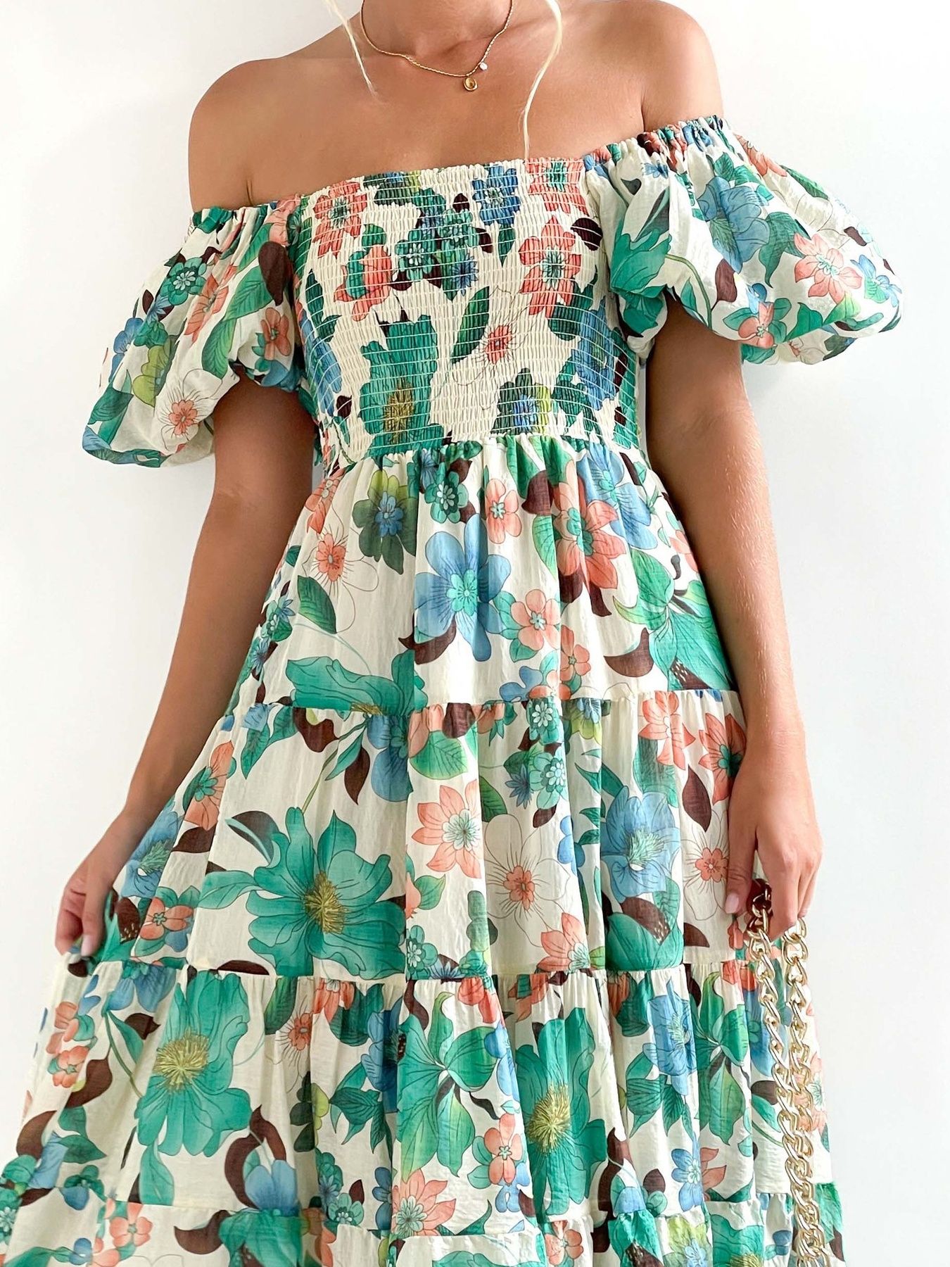 Floral Smocked Puff Sleeve Tiered Dress
