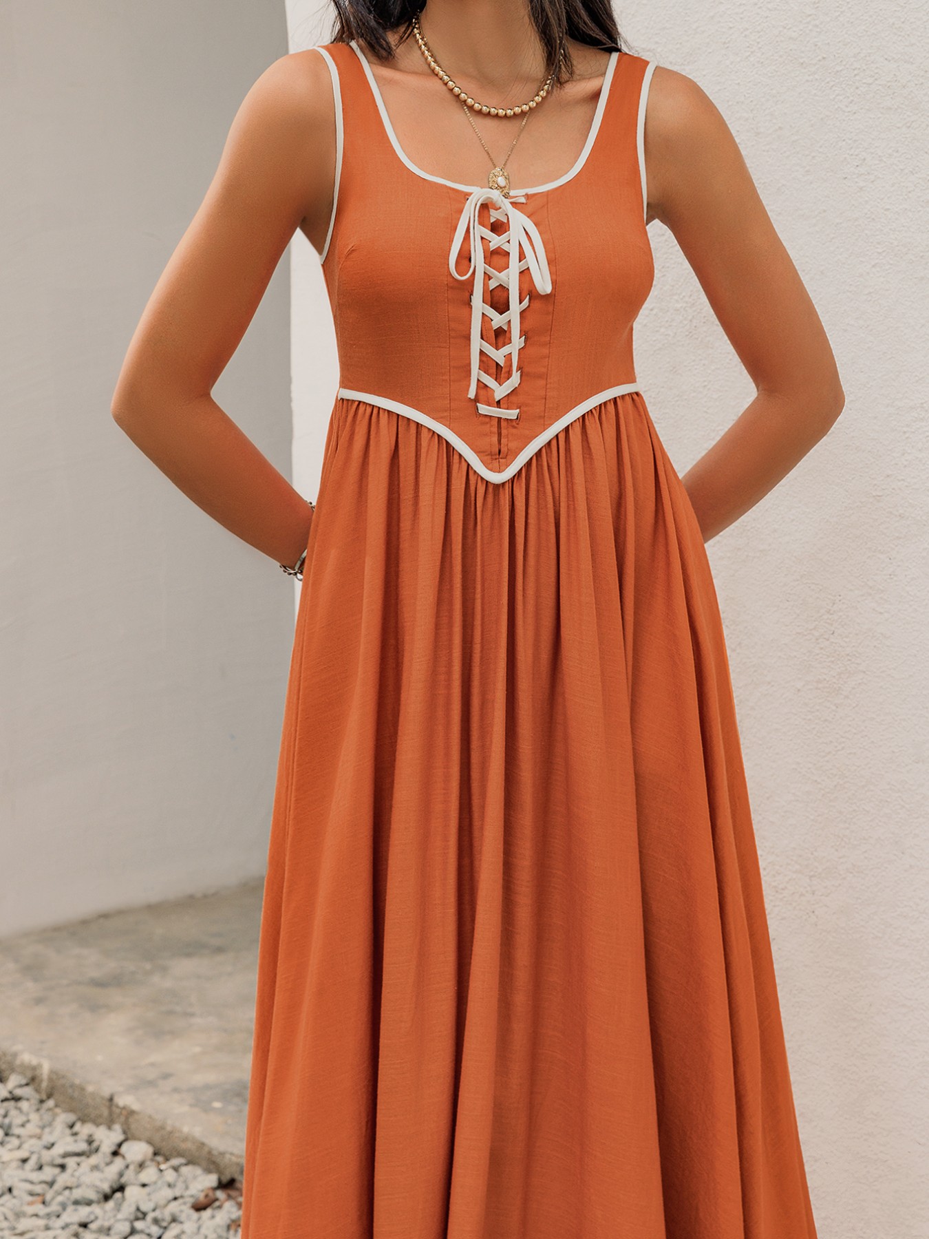 Contrast Trim Lace-Up Maxi Tank Dress