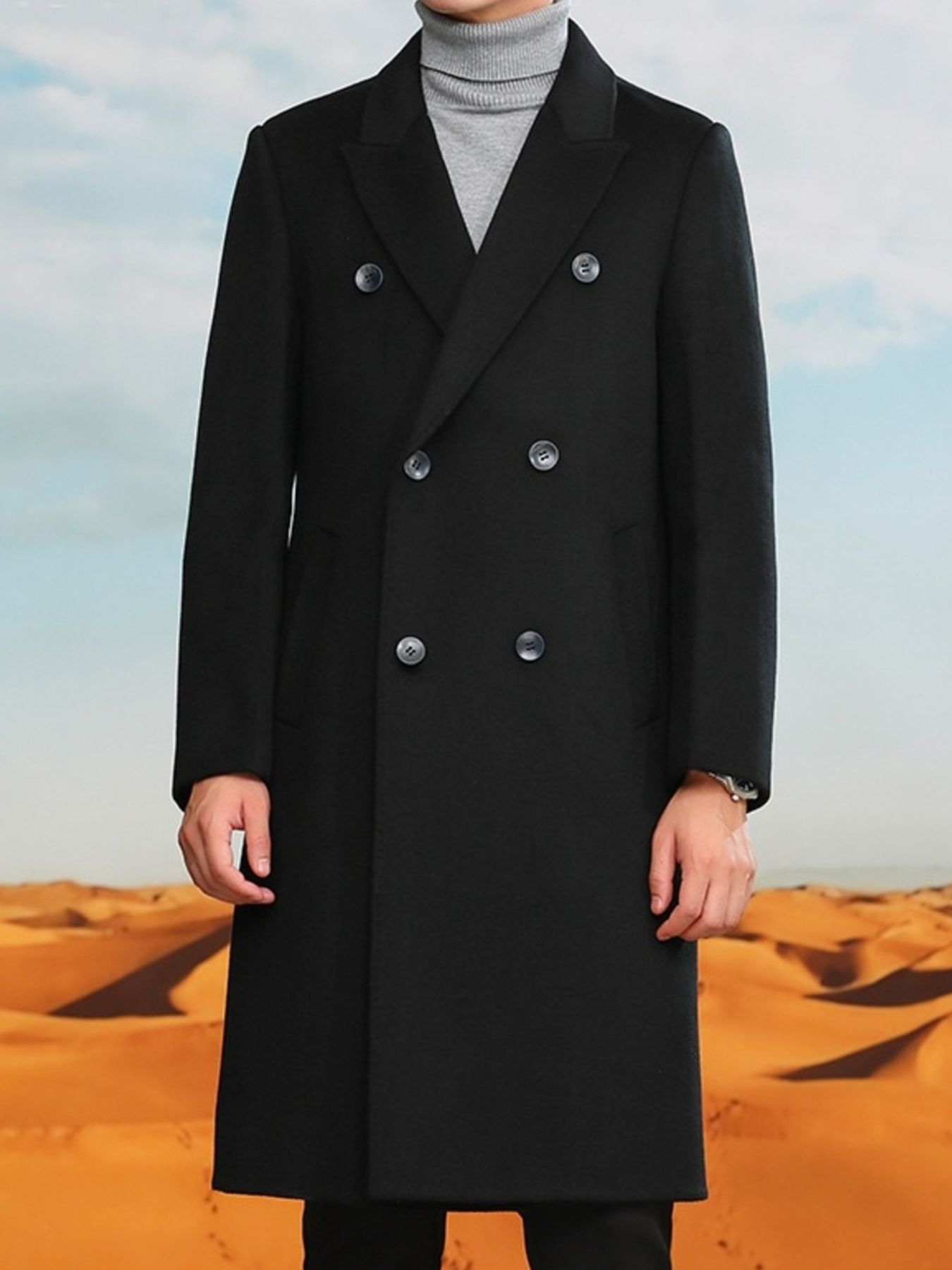 Men's Plus Size Double-Breasted Long Wool Coat
