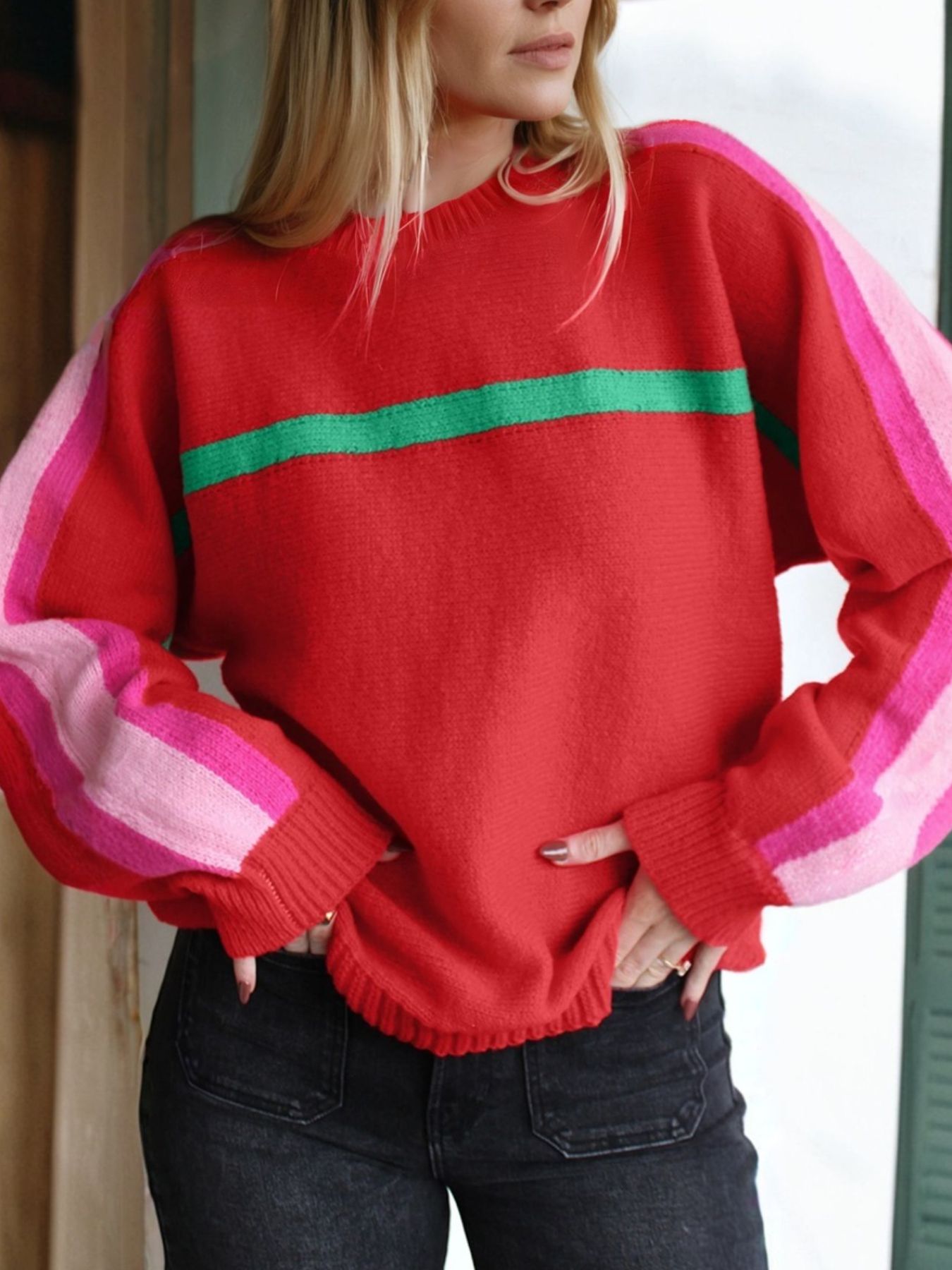 Striped Sleeve Crew Neck Sweater