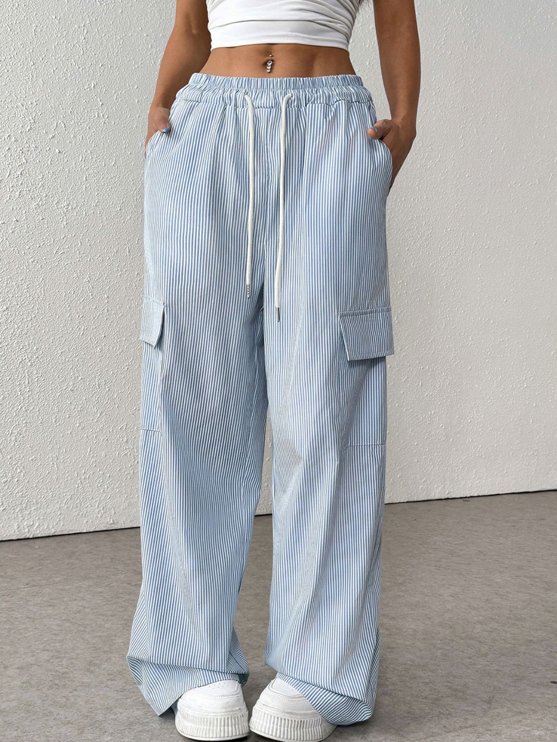 Drawstring Striped Wide Leg Cargo Pants