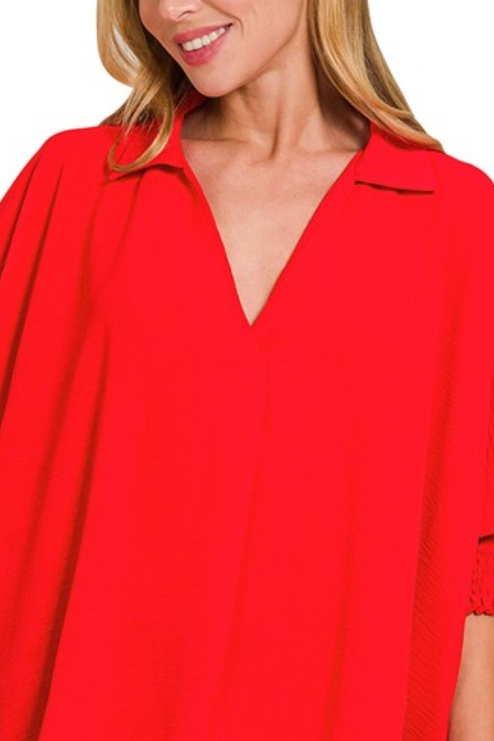 Airflow Collar Tee with Smocked Sleeve Band Top