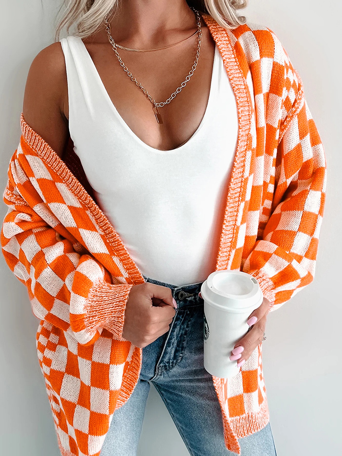Checkered Pattern Open Front Cardigan