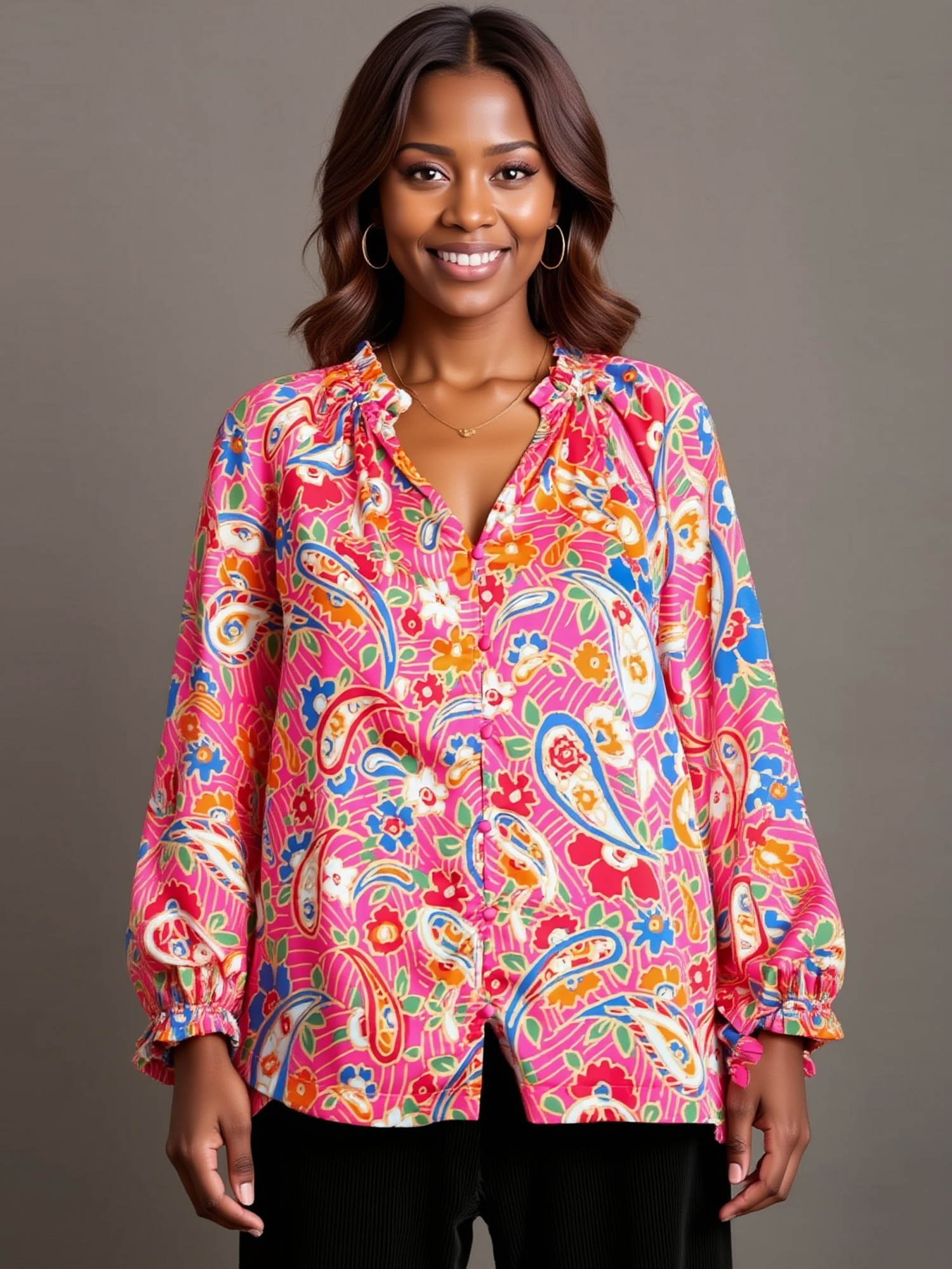 Umgee Full Size Satin Paisley Ruffle Neck Button-Up Shirt Plus Size