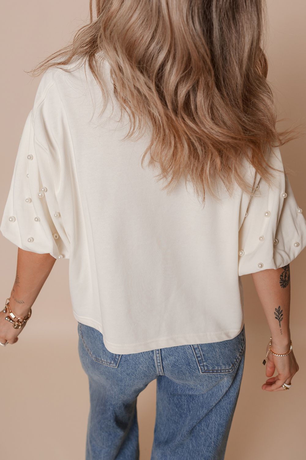 AMERICA EST 1776 Embroidered Pearl Beaded Sleeve T Shirt