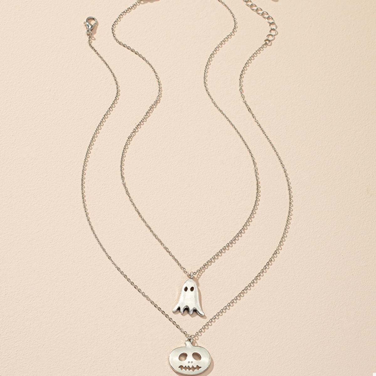 2 Piece Halloween Ghost & Pumpkin Pendant Necklace
