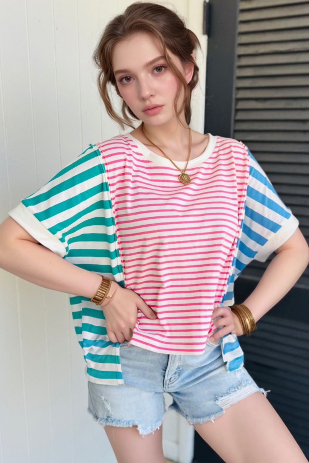 Color Block Striped Batwing Sleeve T-Shirt