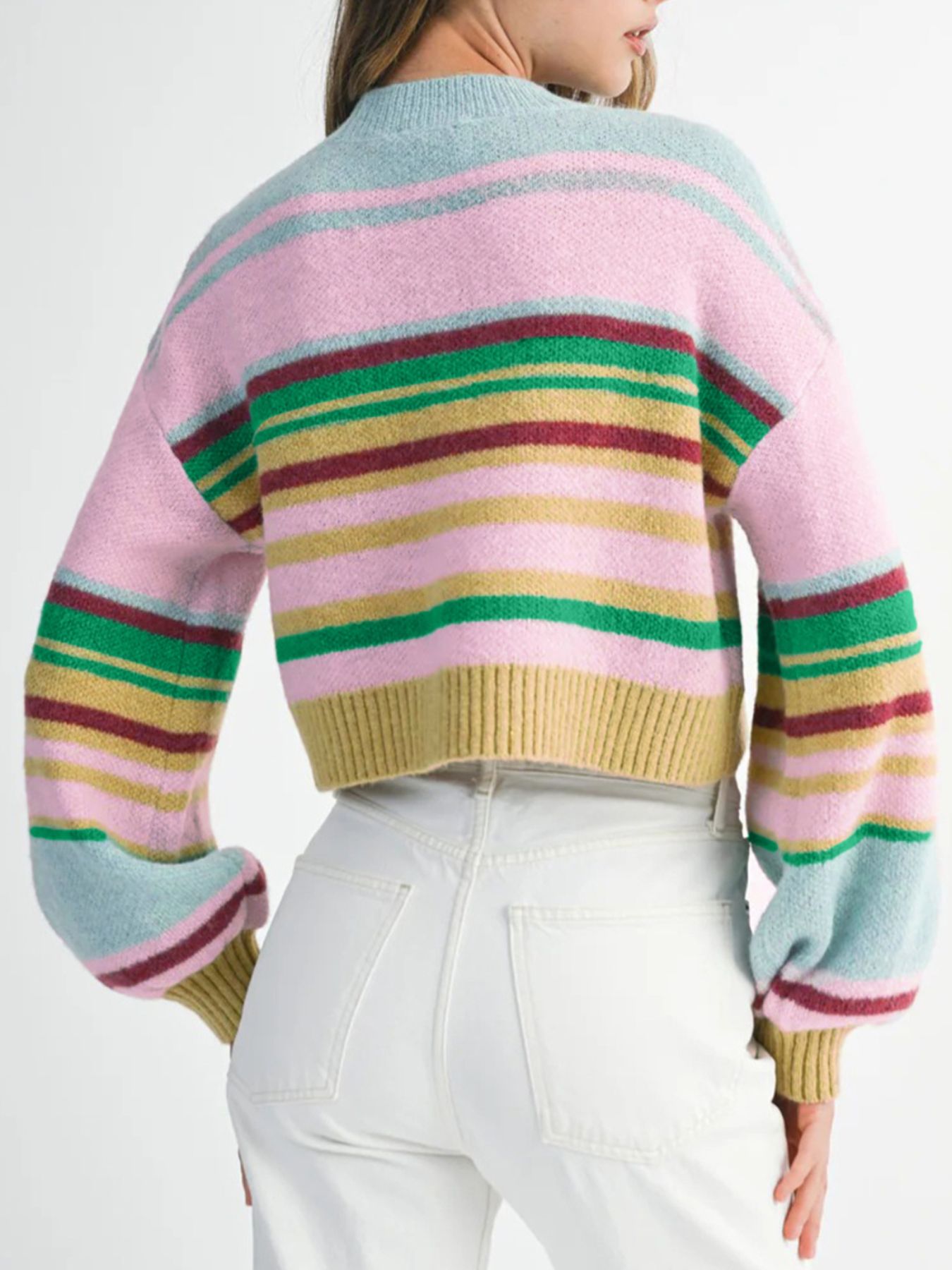 Multicolour Striped Knit Ribbed Trim Boxy Fit Cropped Sweater