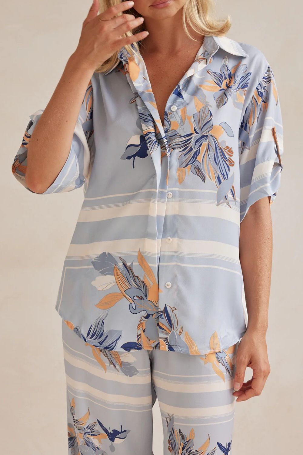 Printed Button Up Shirt and Pants Set