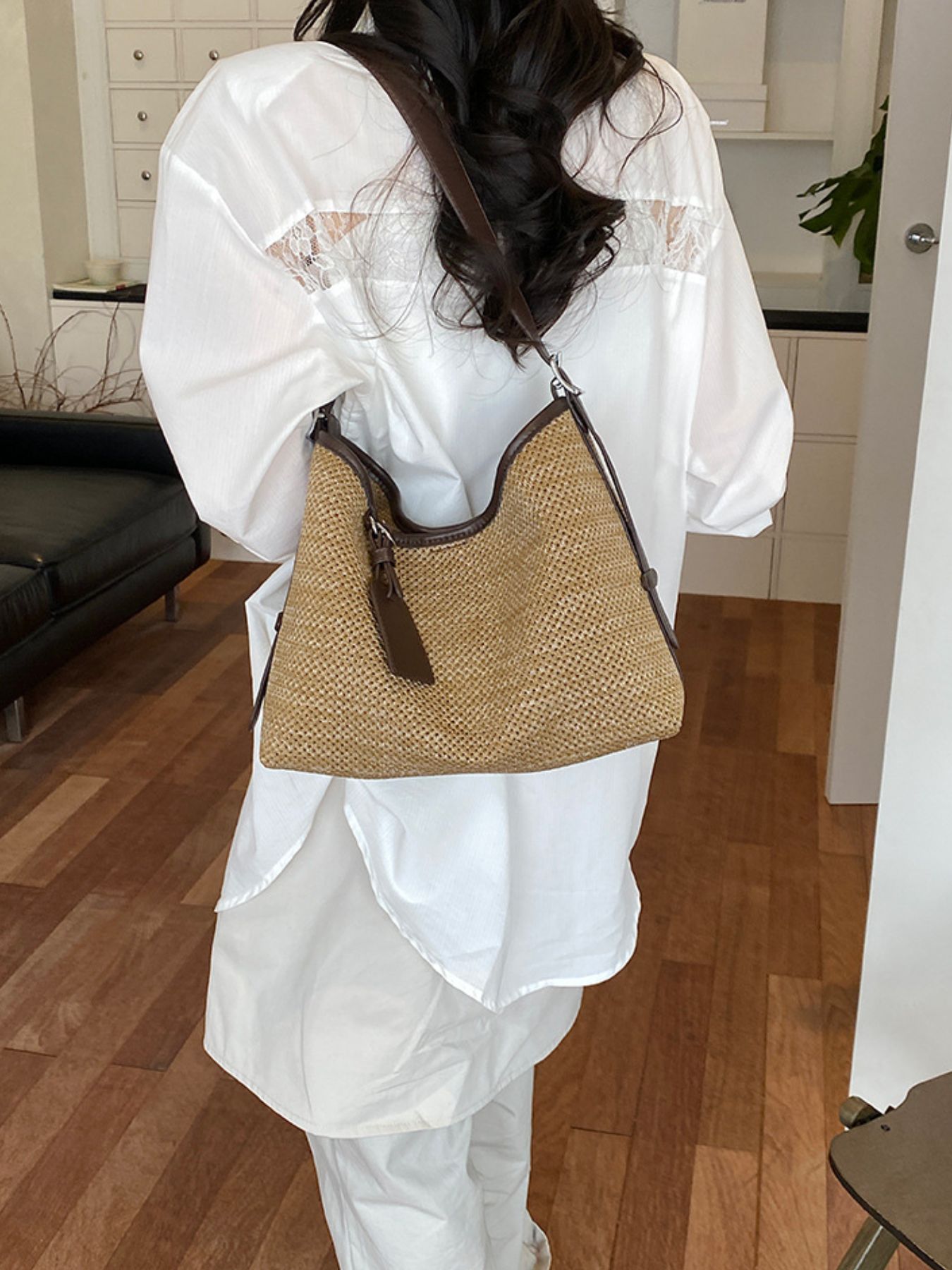 Leather Trim Woven Shoulder Bag