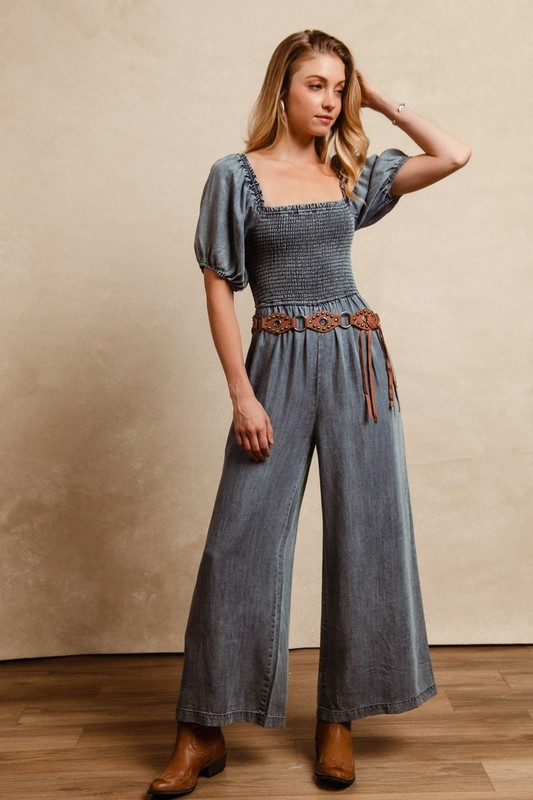Smocked Washed Puff Sleeve Square Neck Denim Jumpsuit