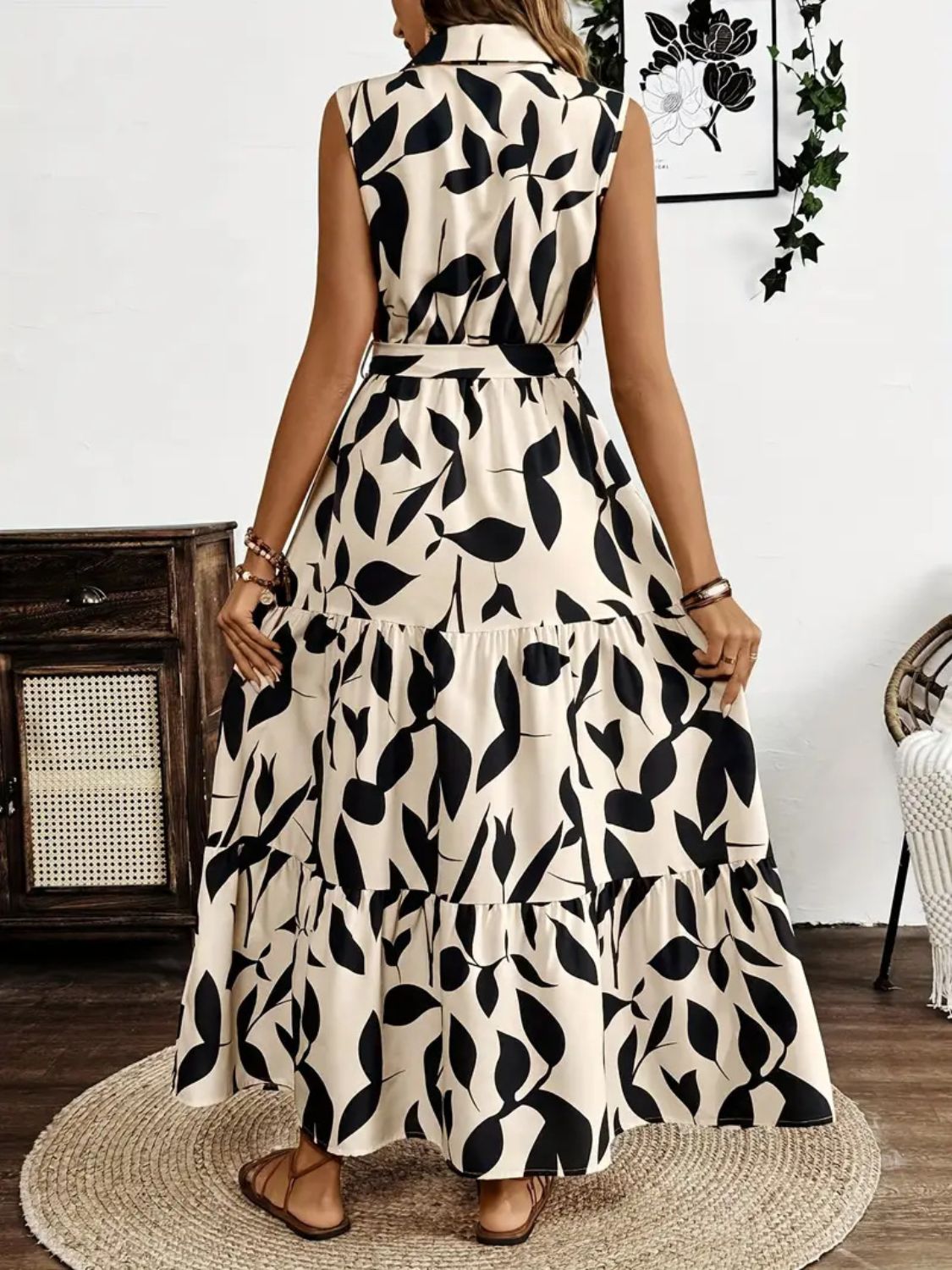 Printed Tie Waist Sleeveless Maxi Dress