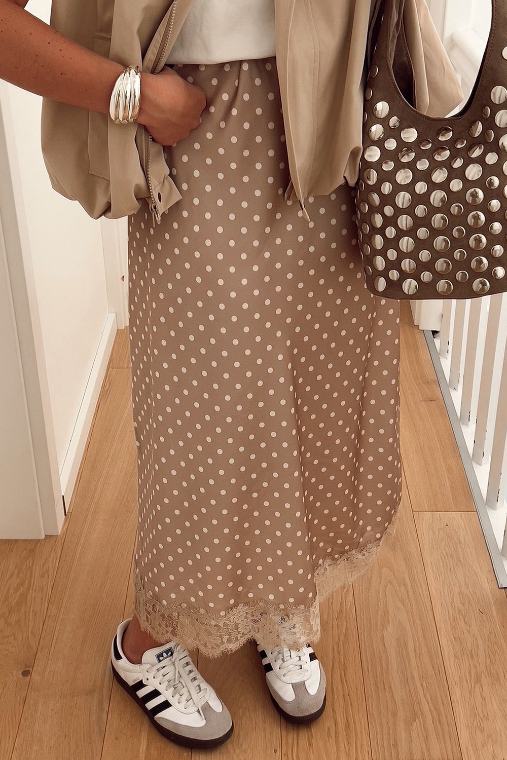 Polka Dot Lace Trim Midi Skirt
