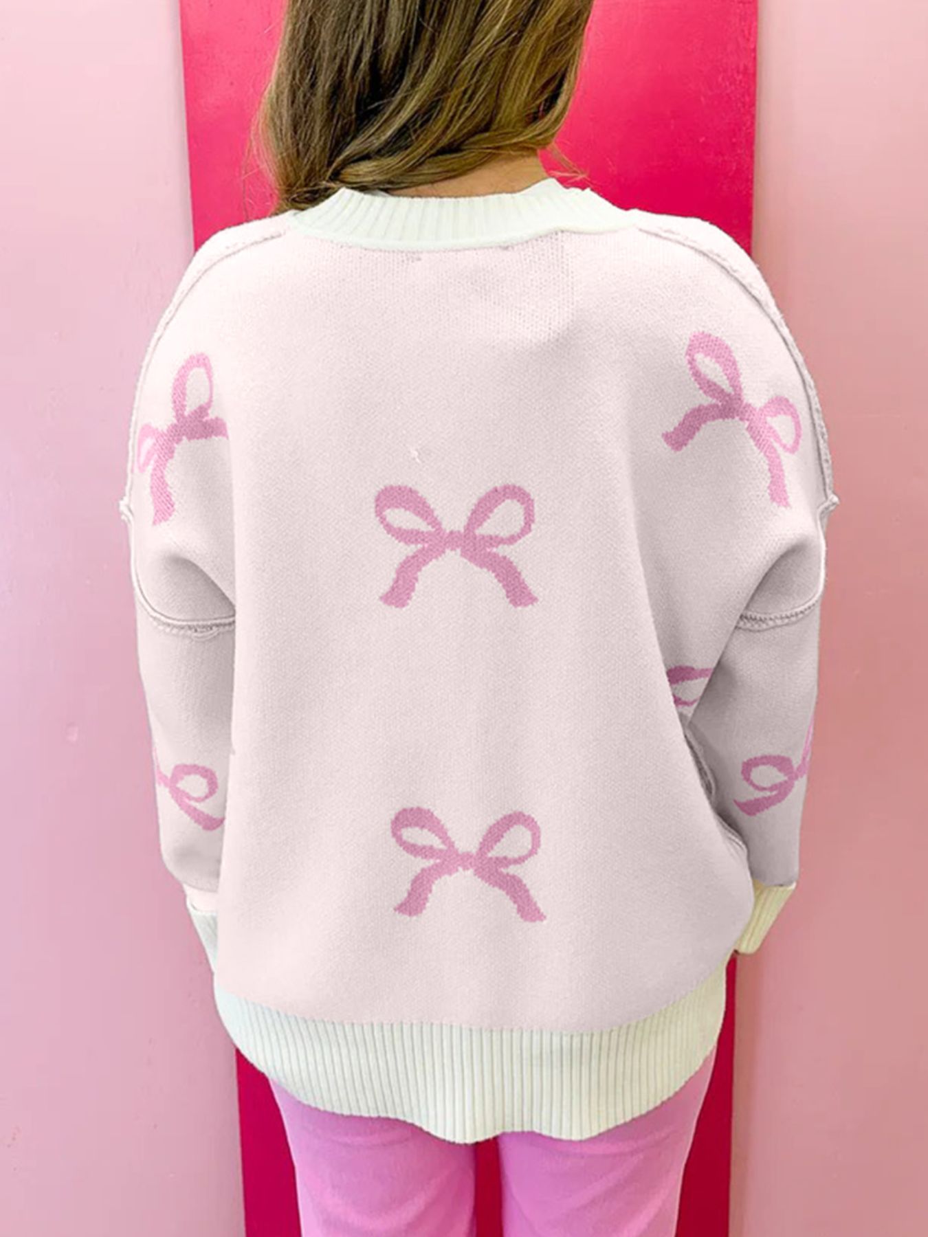 Bow Print Ribbed Trim Exposed Seam Drop Shoulder Loose Sweater