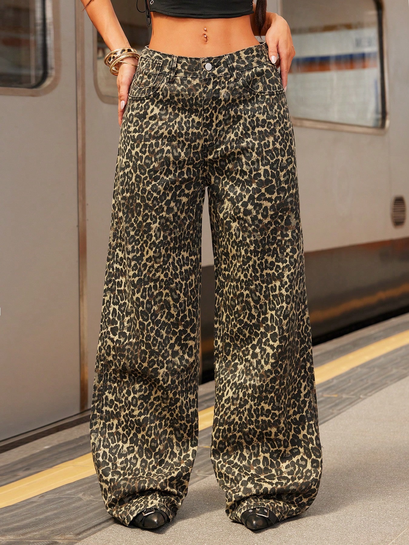 Leopard Print Wide Leg Jeans