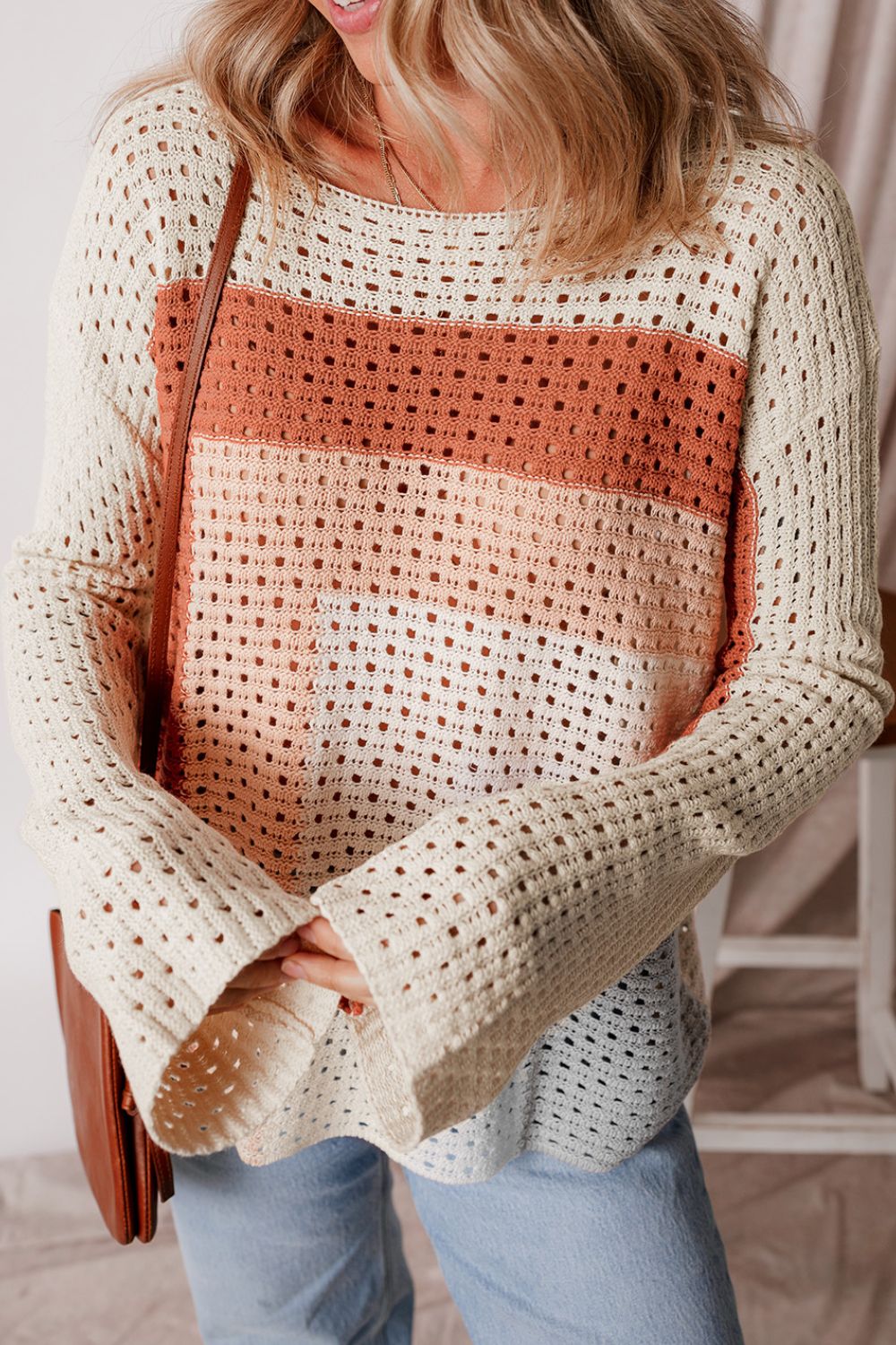 Openwork Color Block Long Sleeve Sweater