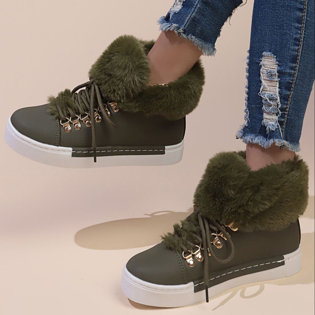 Fuzzy Trim Lace-Up Ankle Boots