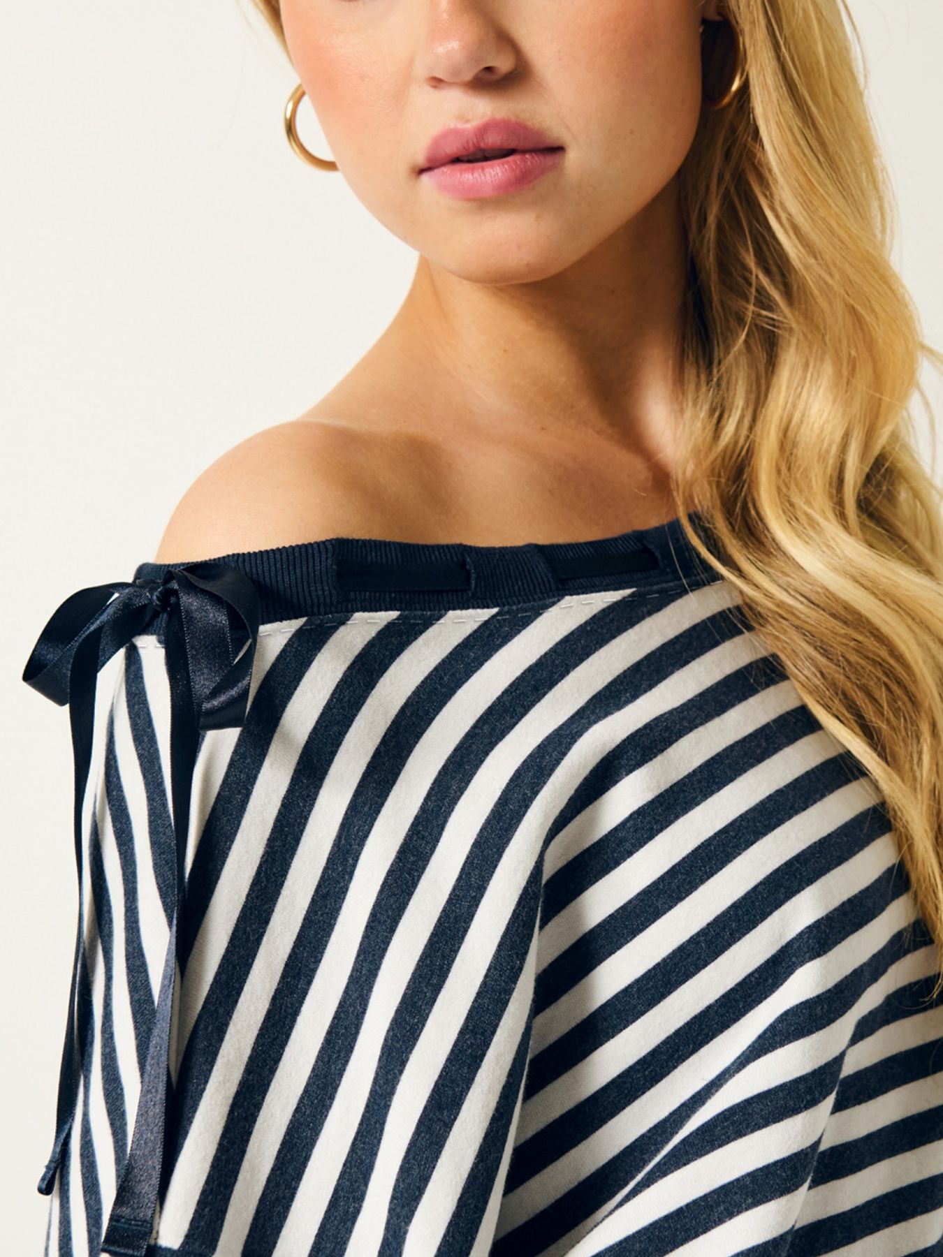 Striped Off-Shoulder Ribbon Accent Sweatshirt
