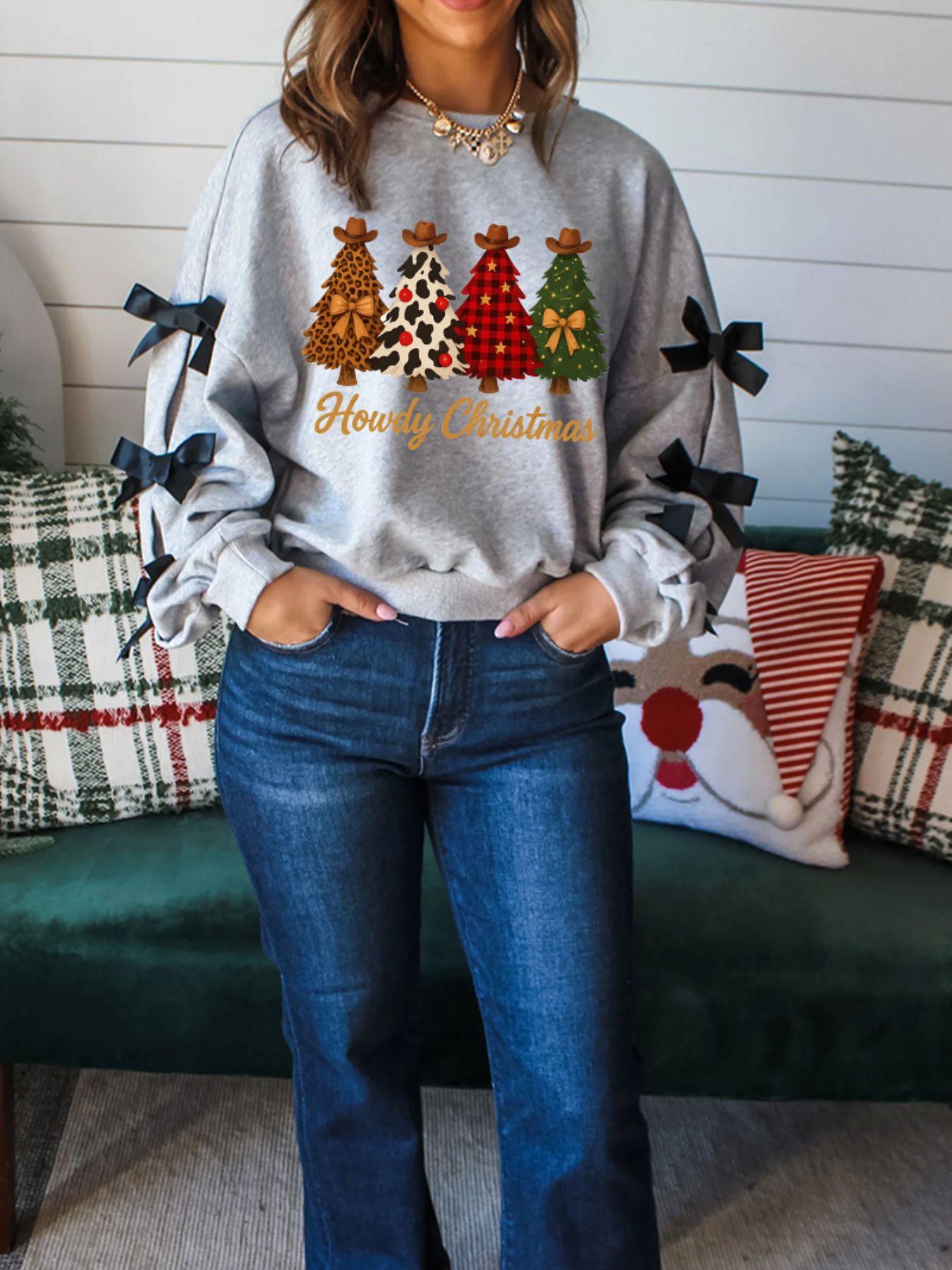 Howdy Christmas 4 Trees Ribbon Bow Decor Sweatshirt