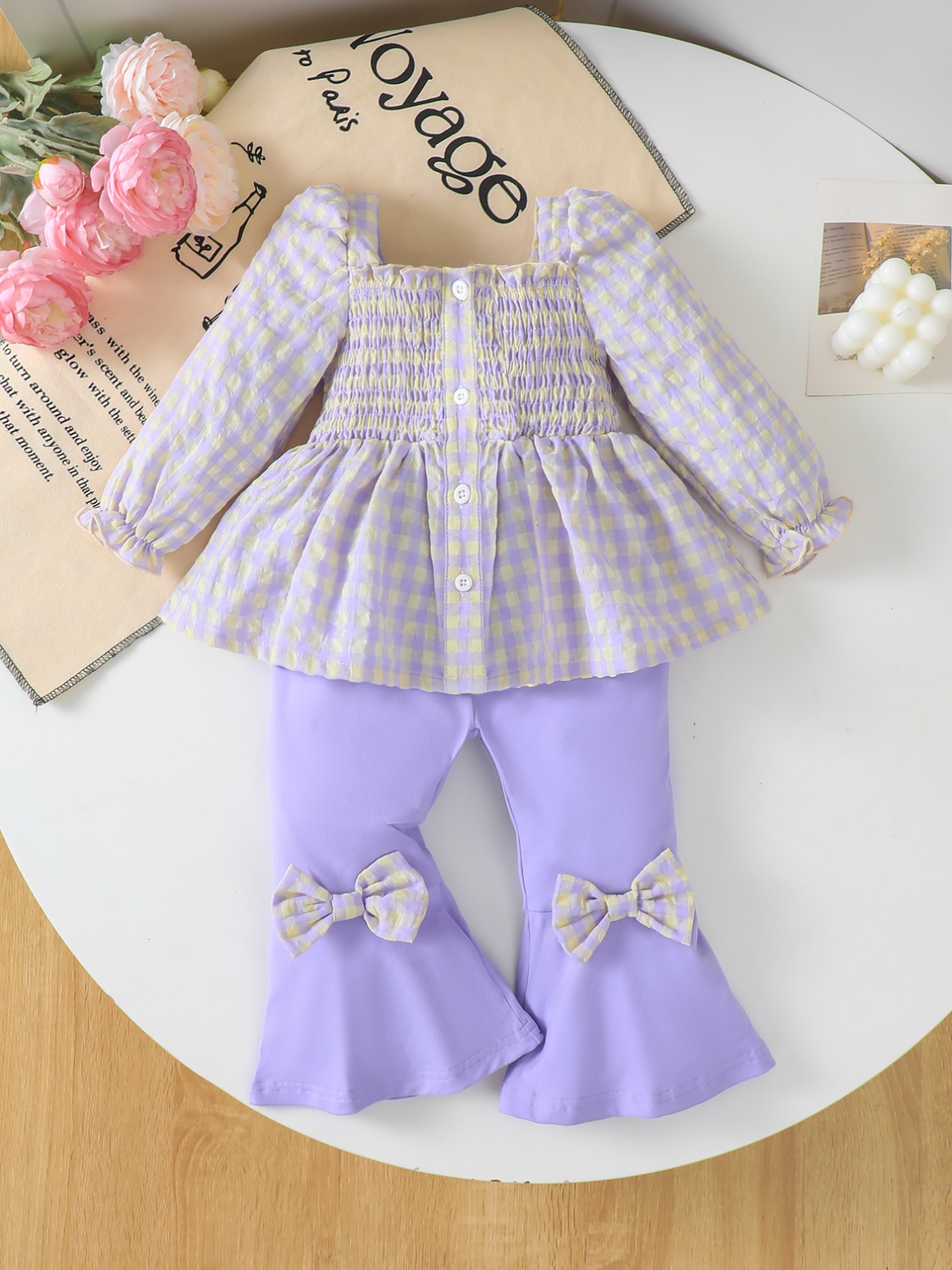 Children's Gingham Smocked Top and Bow Pants Set