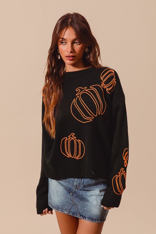Pumpkin Embroidered Halloween Thanksgiving Sweater