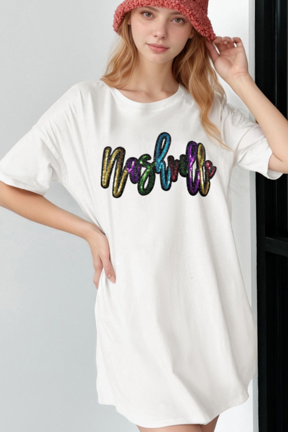 Sequin Round Neck Short Sleeve Oversized T-Shirt