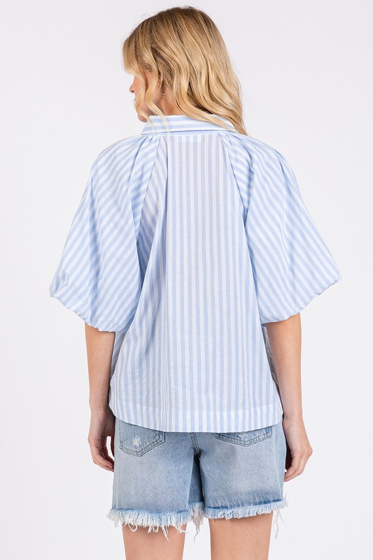 Button Down Striped Puff Sleeve Shirt