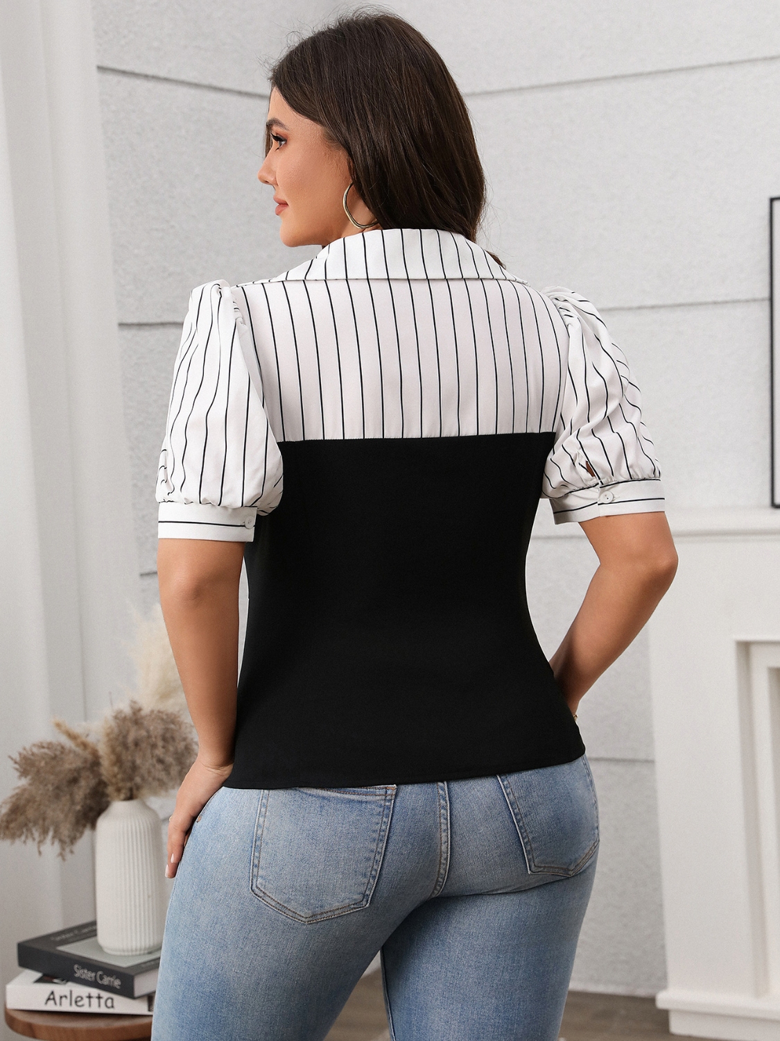 Plus Size Striped Johnny Collar Short Sleeve Blouse