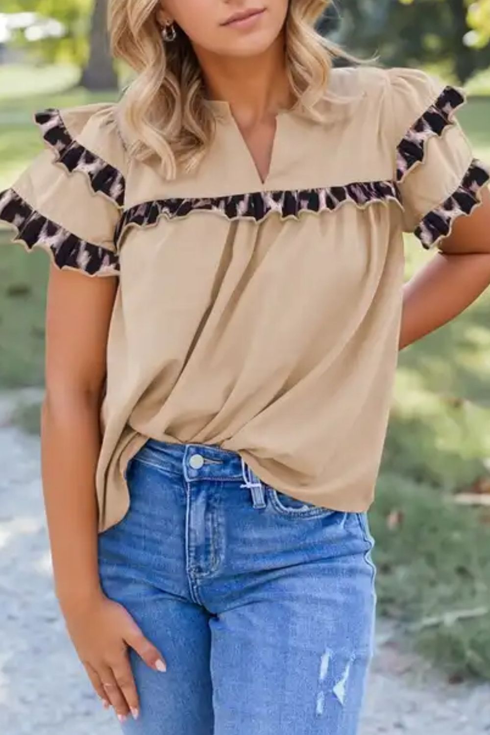 Leopard Frill Short Sleeve Blouse
