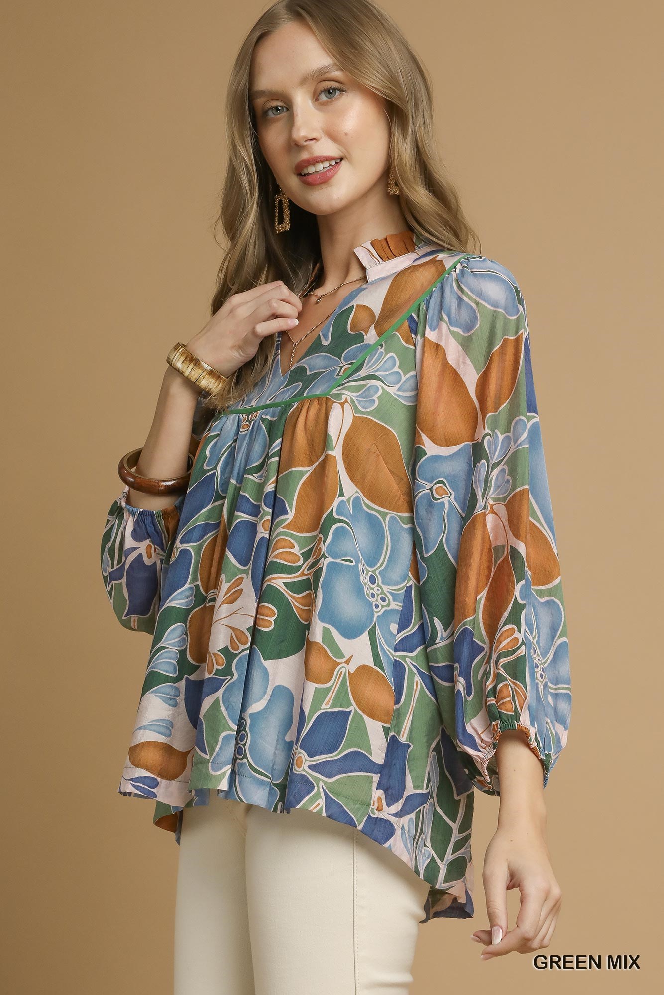 Umgee Multicolor Abstract Floral Print Blouse with Ruffle Neck