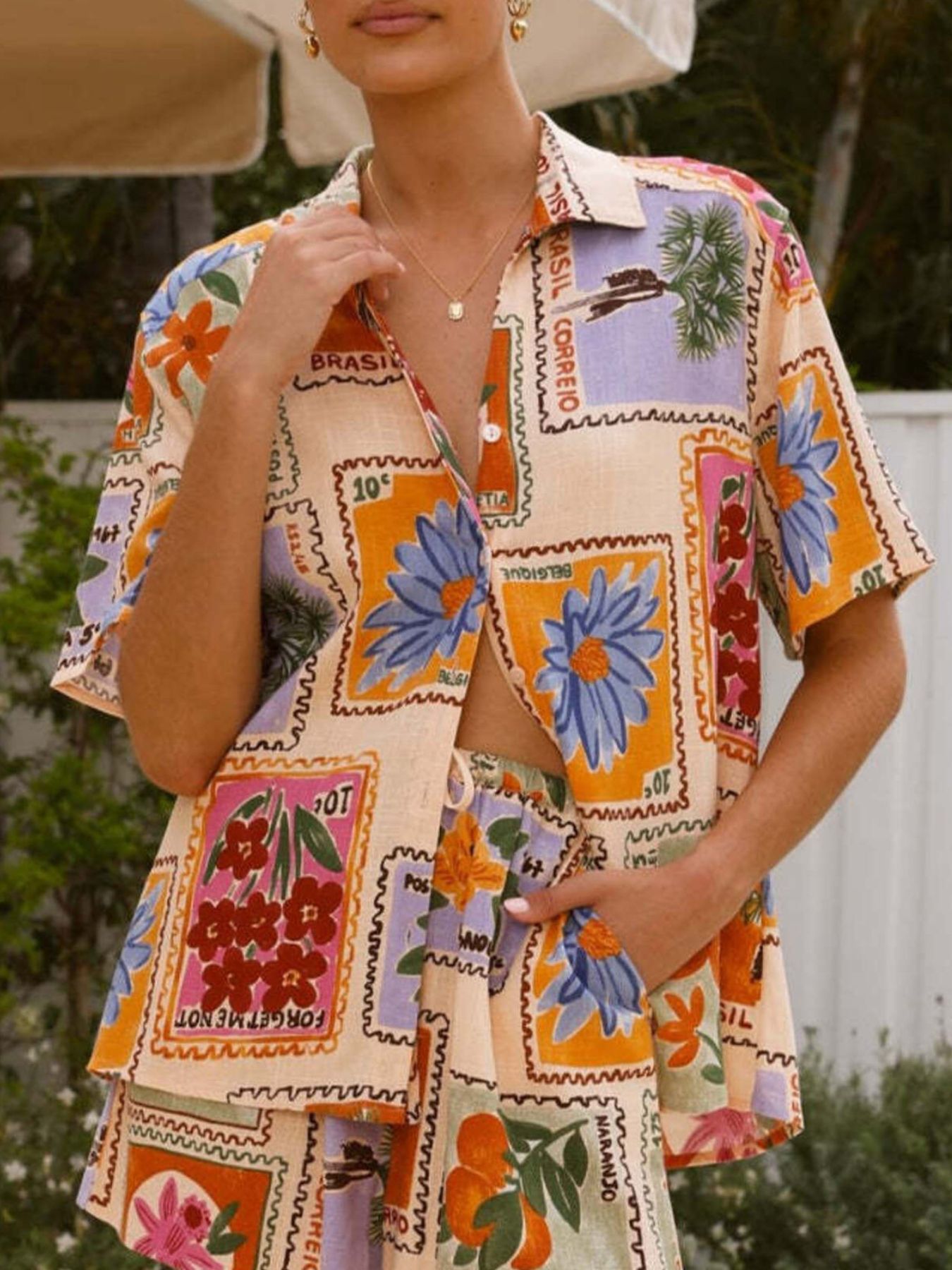 Printed Button Up Shirt and Shorts Set