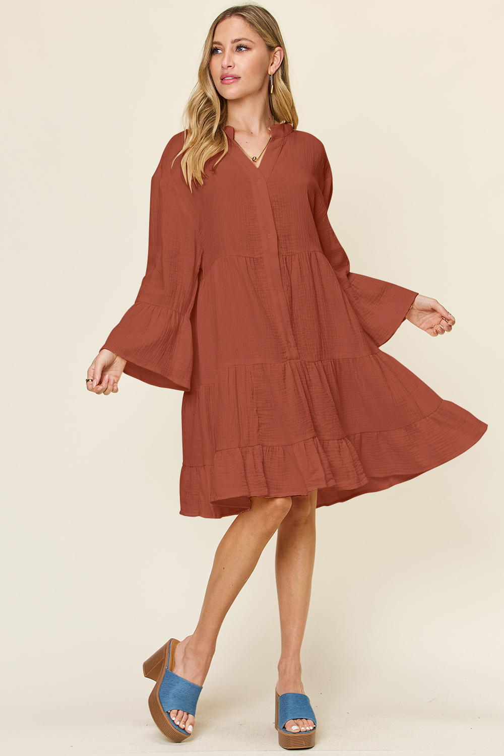Full Size Texture Button Up Ruffle Hem Dress