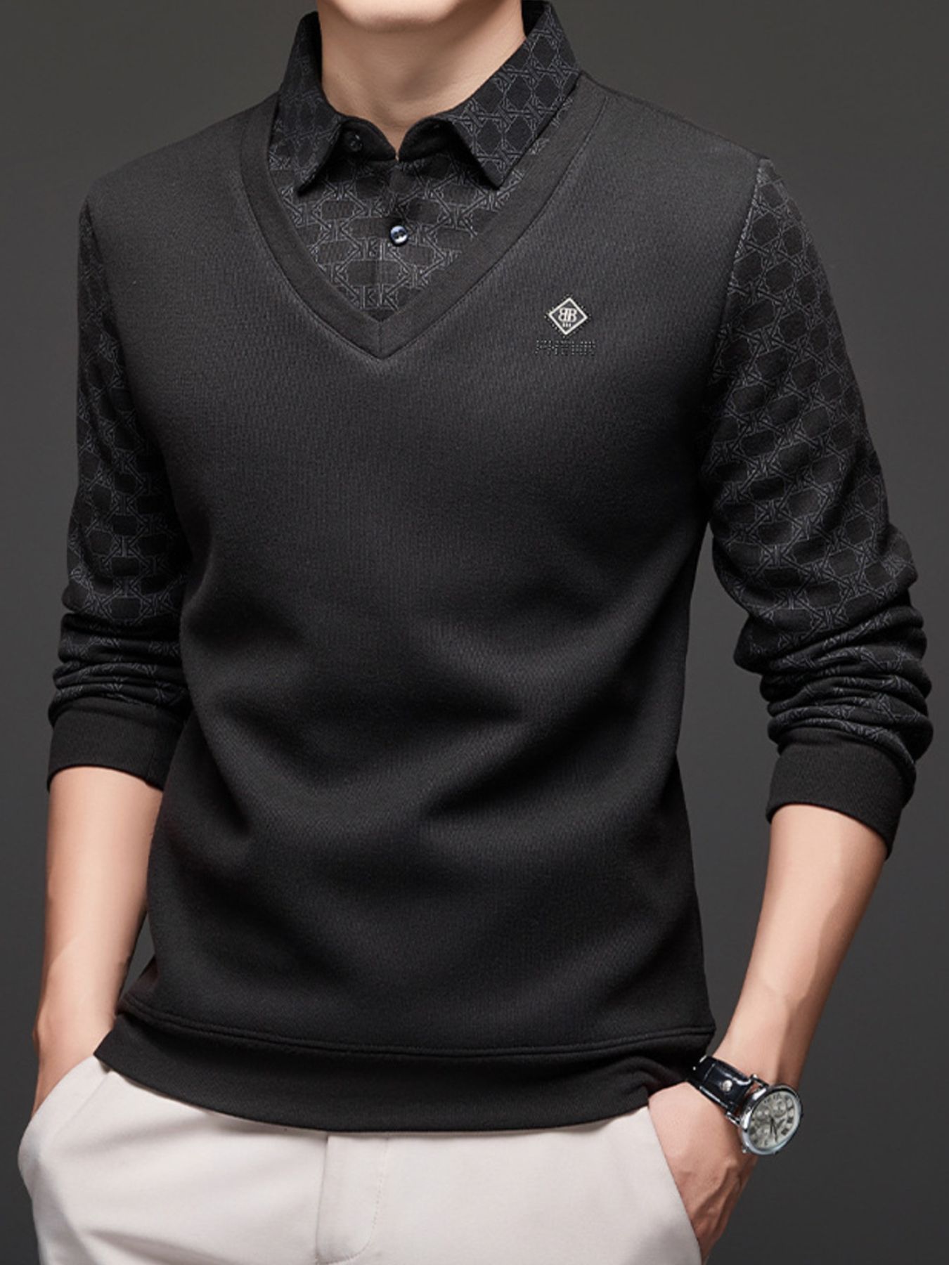 Men's Plus Size Collared Neck Long Sleeve Polo