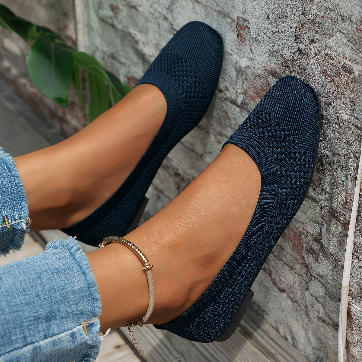 Square Toe Solid Color Mesh Slip-Ons