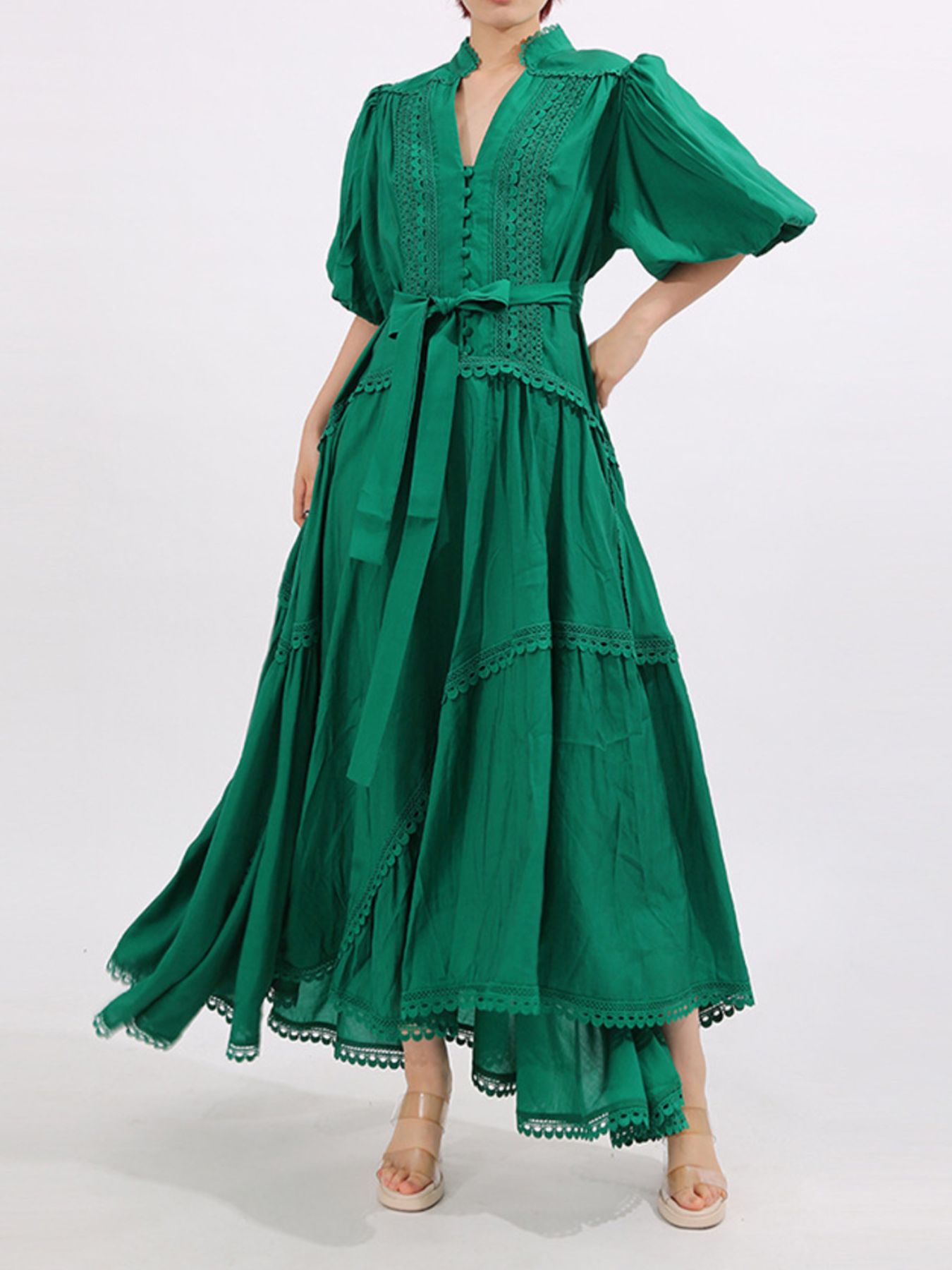 Lace Detail Notched Puff Sleeve Maxi Dress