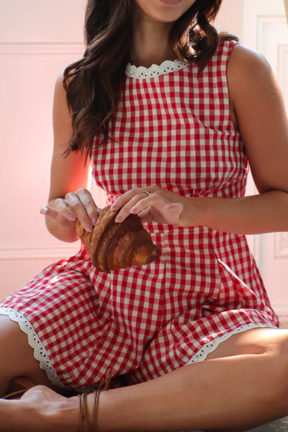 Lace Detail Plaid Sleeveless Romper
