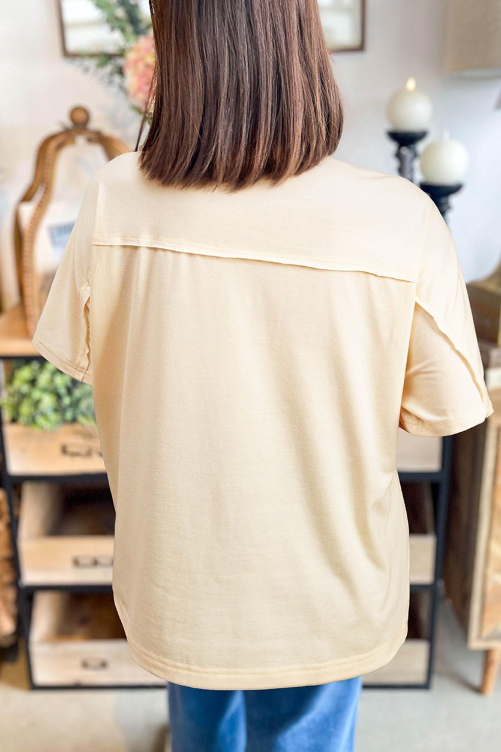 Flower Patched Exposed Stitching Trim Crew Neck Loose Tee