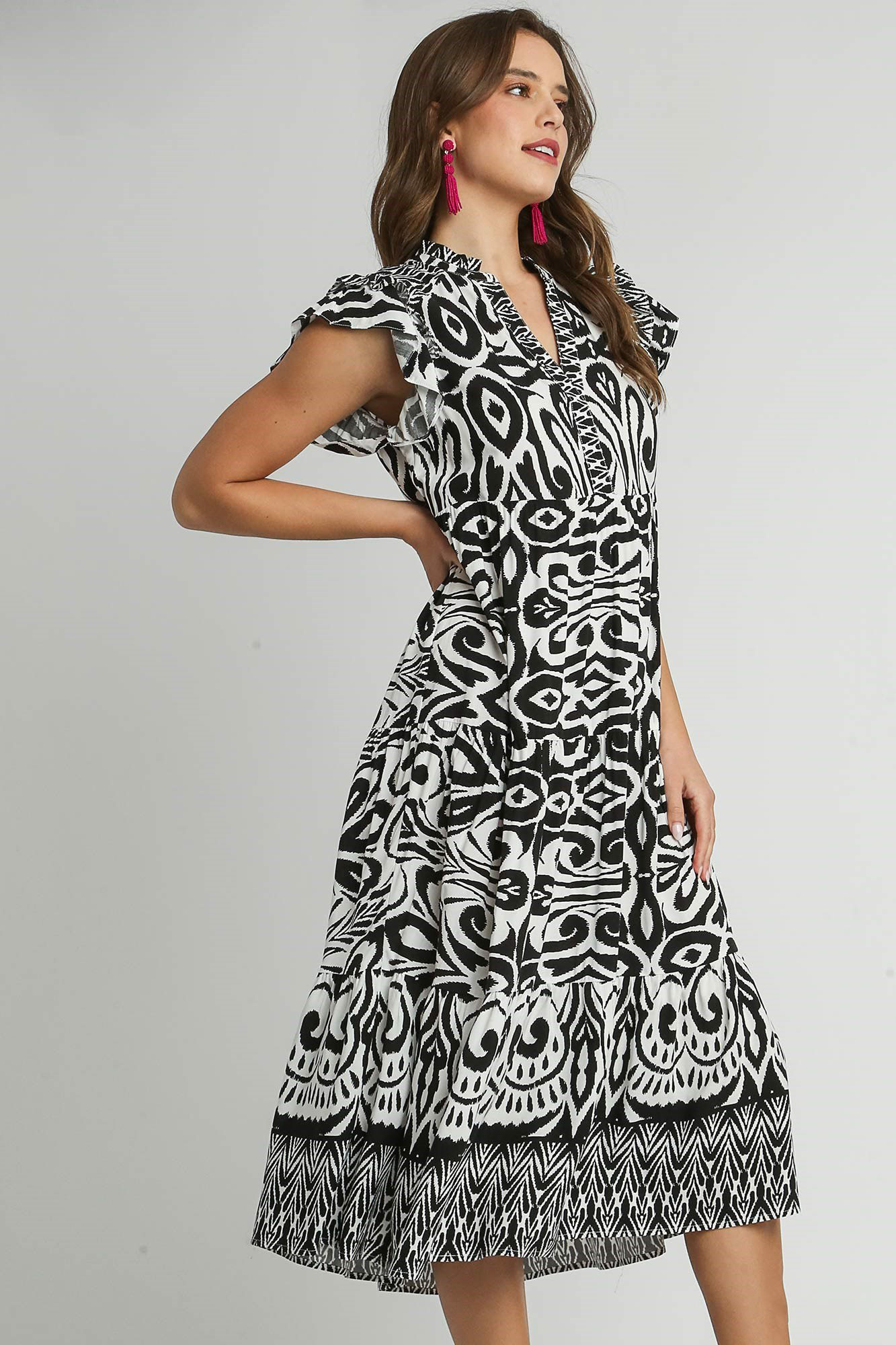 Umgee Full Size Two Tone Border Print Ruffle Cap Sleeve Midi Dress Plus Size
