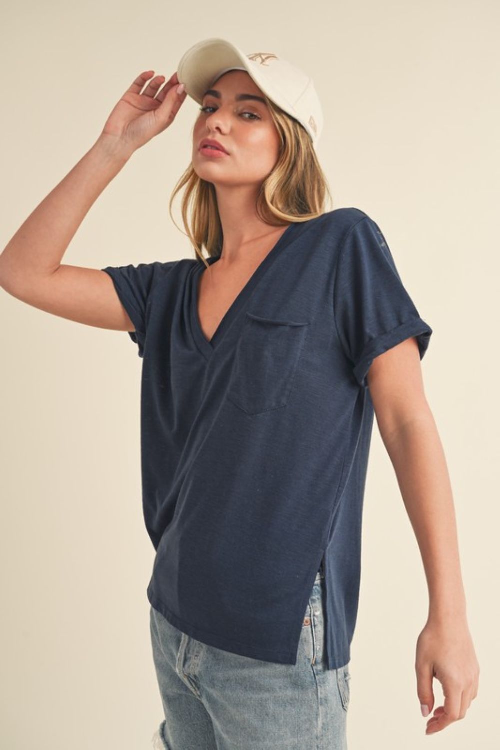 Side Slit V-Neck Short Rolled Sleeve T-Shirt