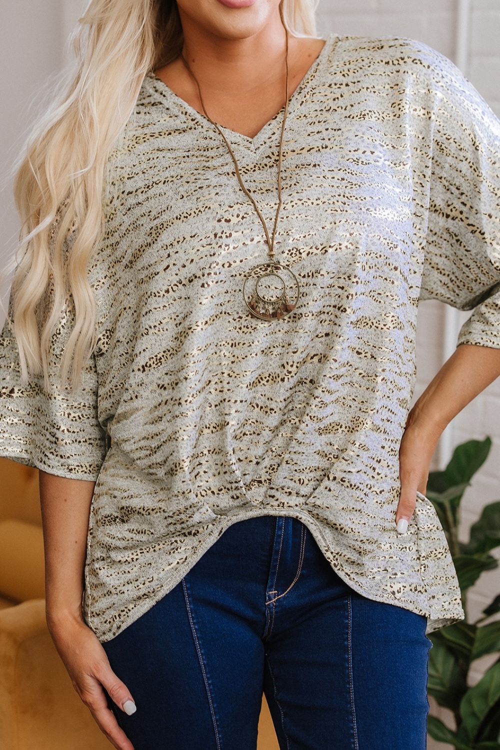 Leopard Print Half Sleeve V Neck Loose Fit T Shirt