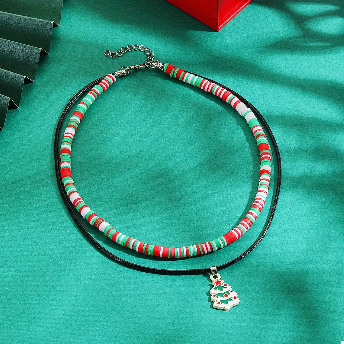 Colorful Double Layered Necklace with Christmas Tree Pendant