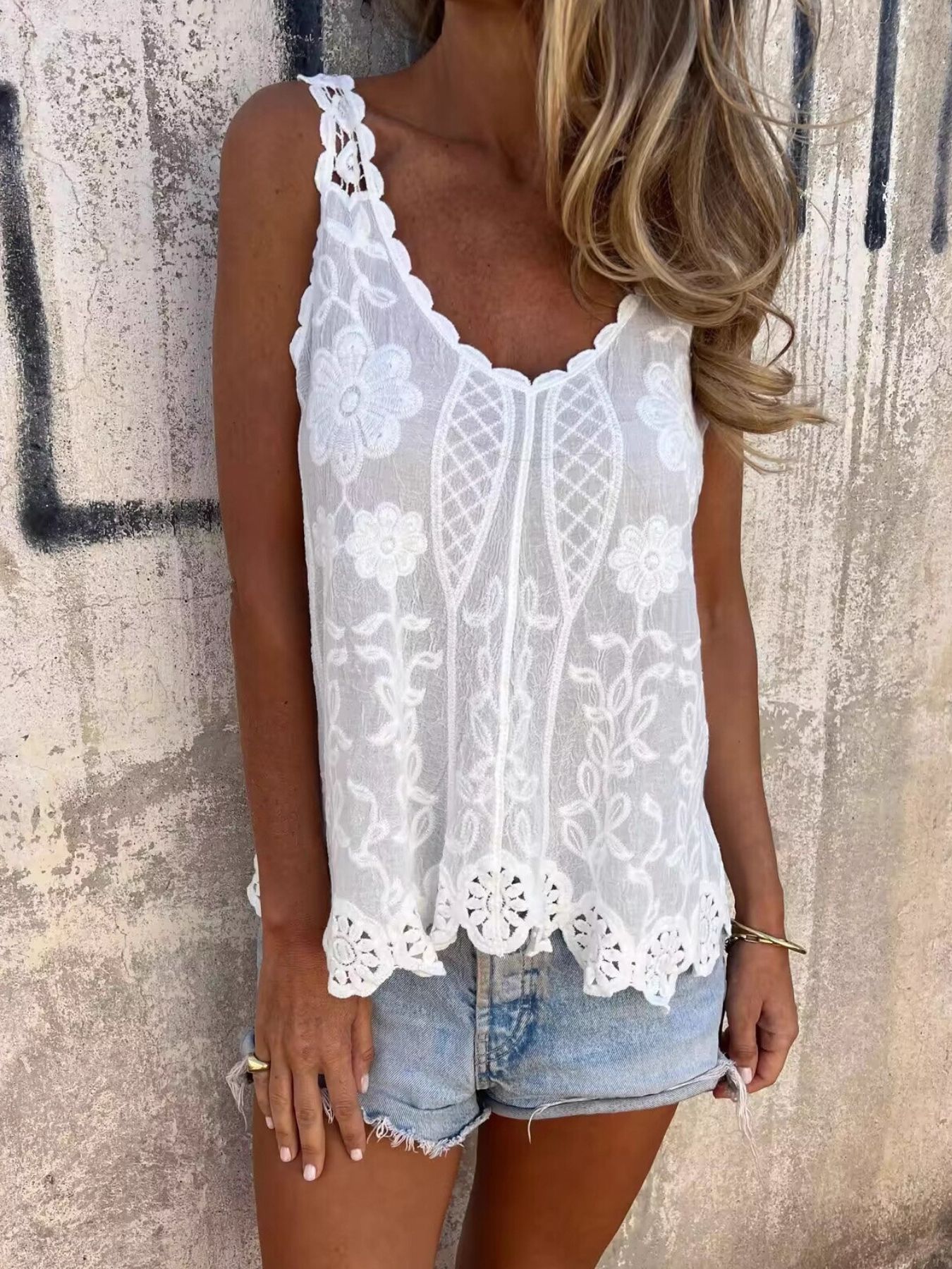 Floral Lace Crochet Trim Tank