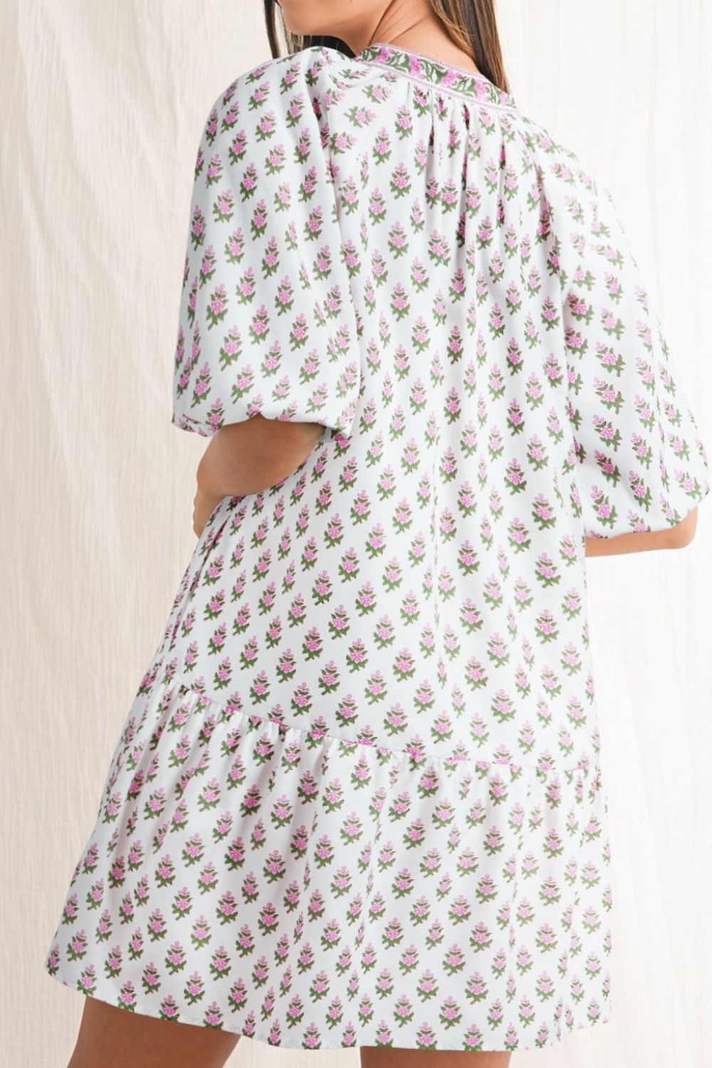 Floral Print Puff Sleeve Tie Neck Ruffled Hem Dress