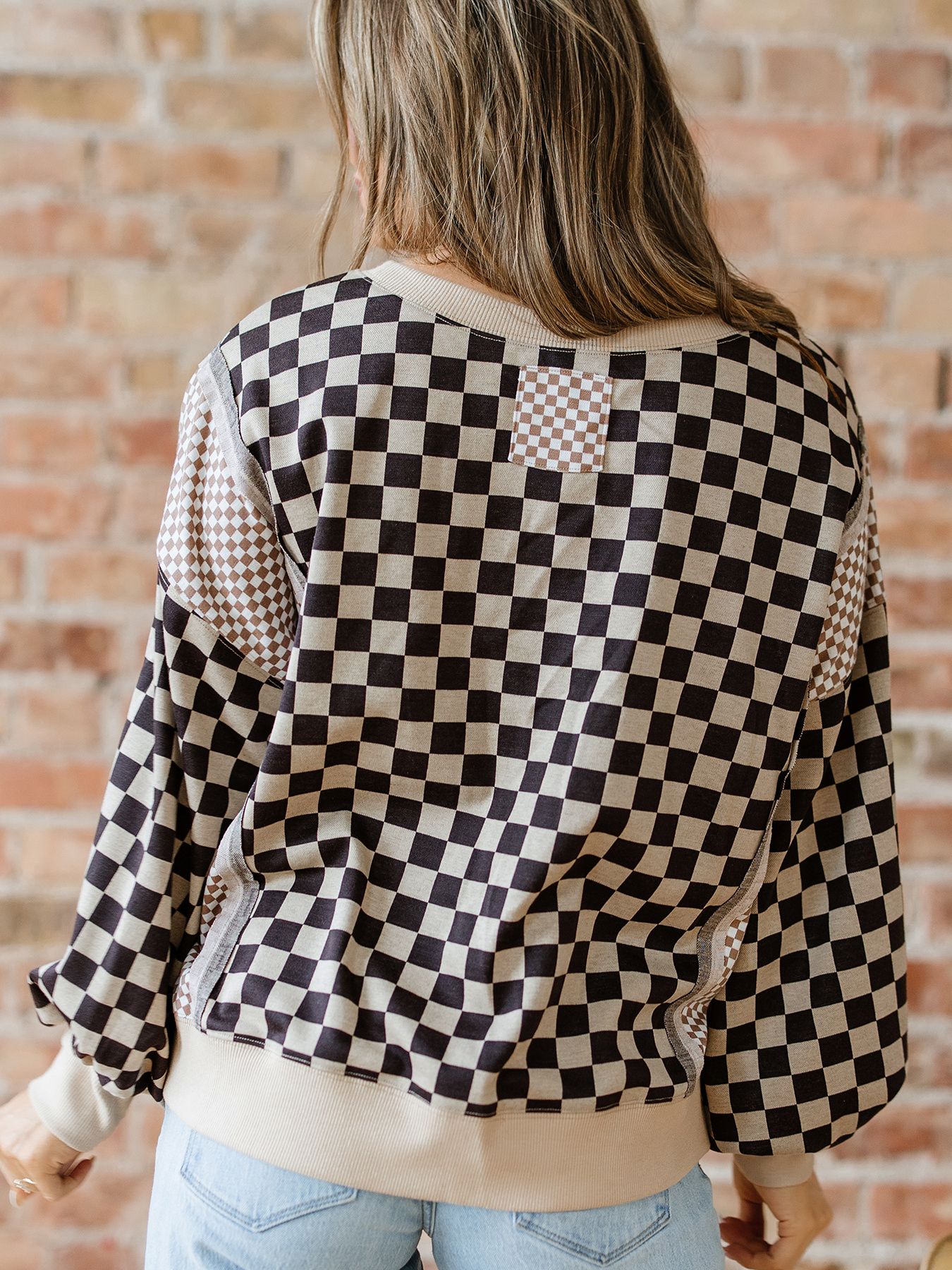 Mixed Checkered Pattern Patchwork High Low Casual Top