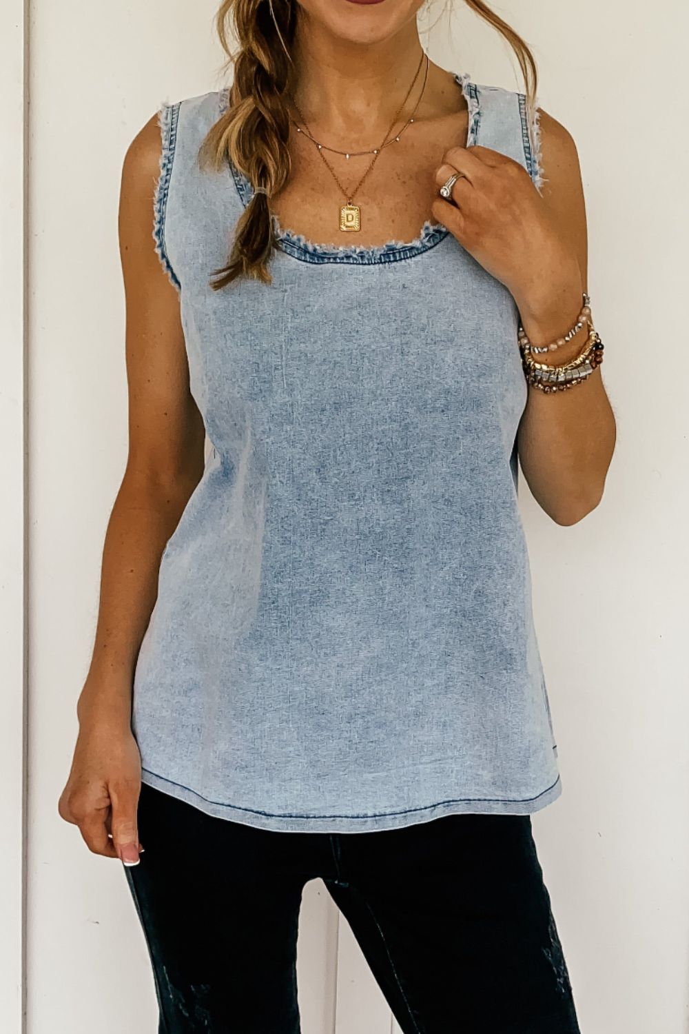 Mineral Wash Denim Frayed U Neck Sleeveless Top