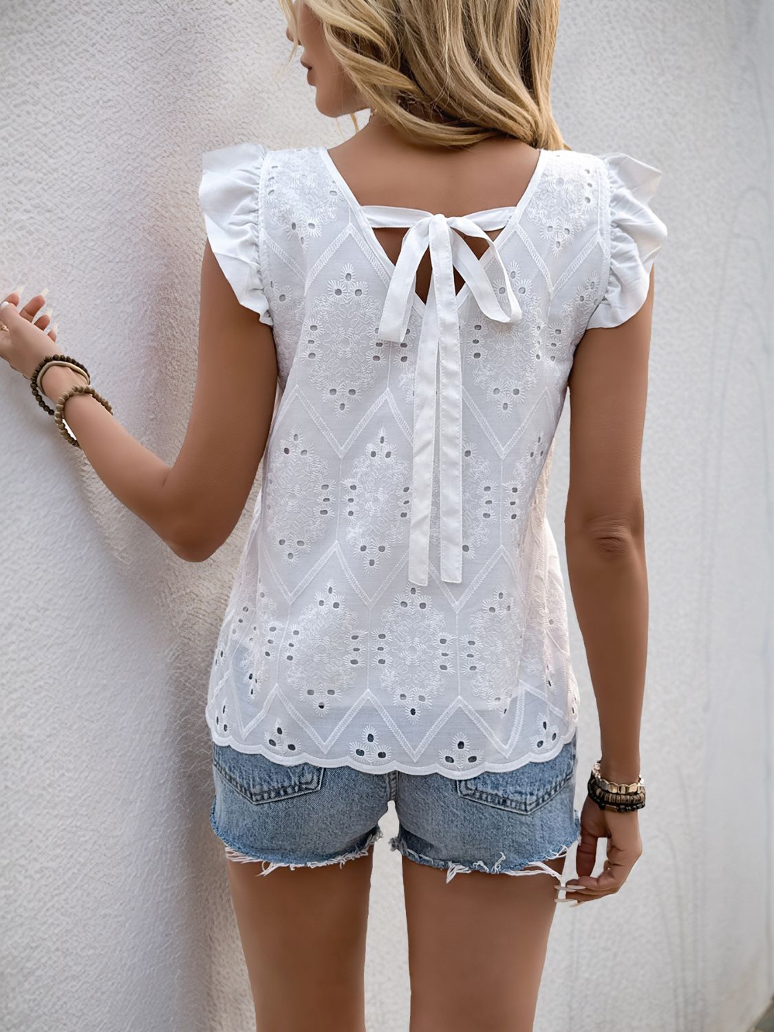 Eyelet V-Neck Ruffled Cap Sleeve Blouse