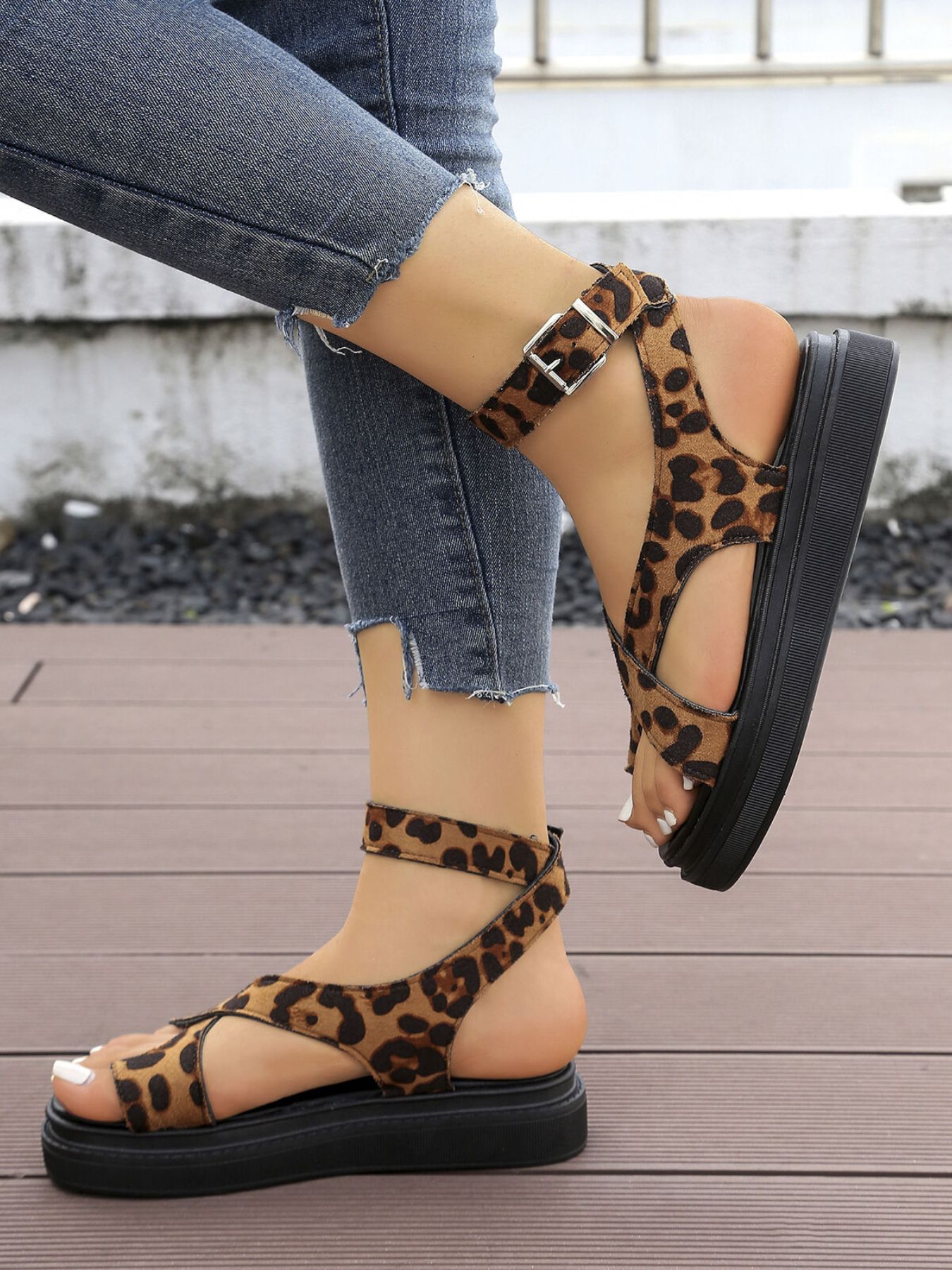 Leopard Print Platform Ankle Strap Sandals