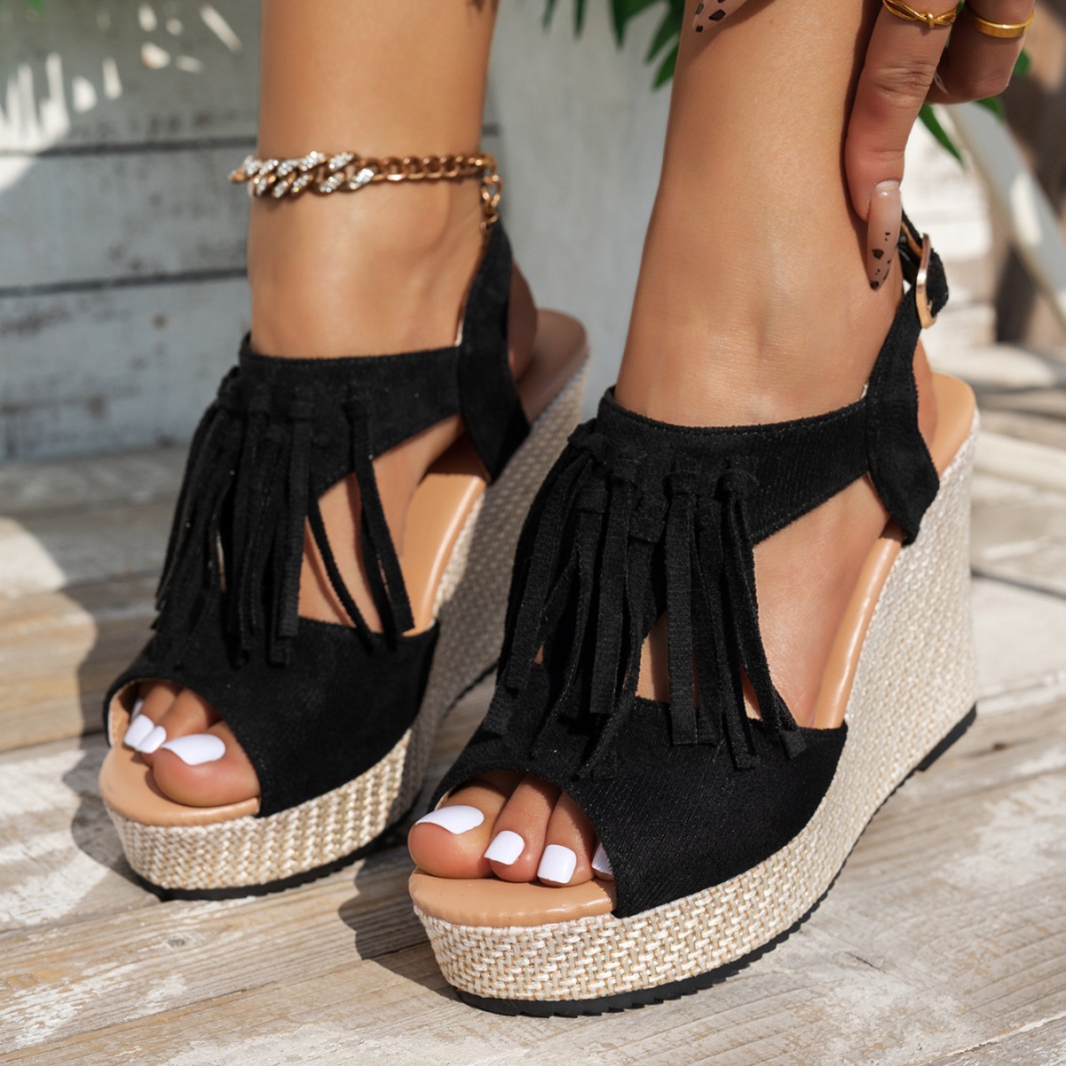 Fringe Peep Toe Wedge Sandals