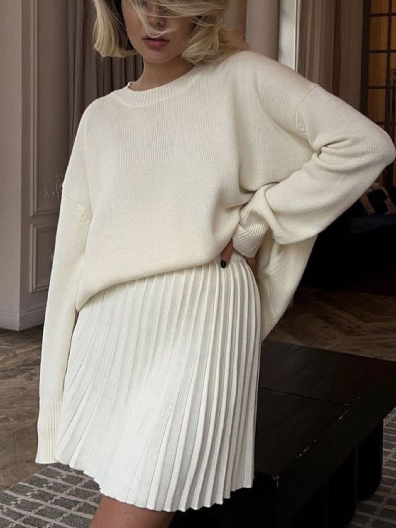 Round Neck Top and Pleated Skirt Sweater Set
