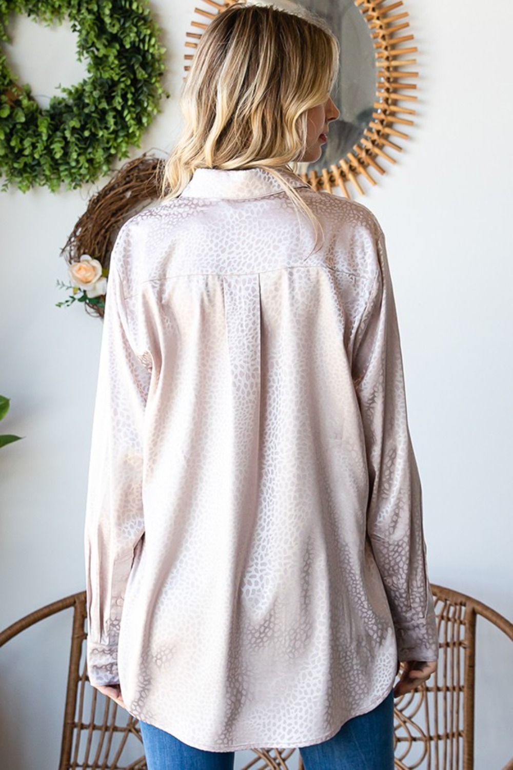 Full Size Ditsy Dot Button Down Collared Satin Shirt